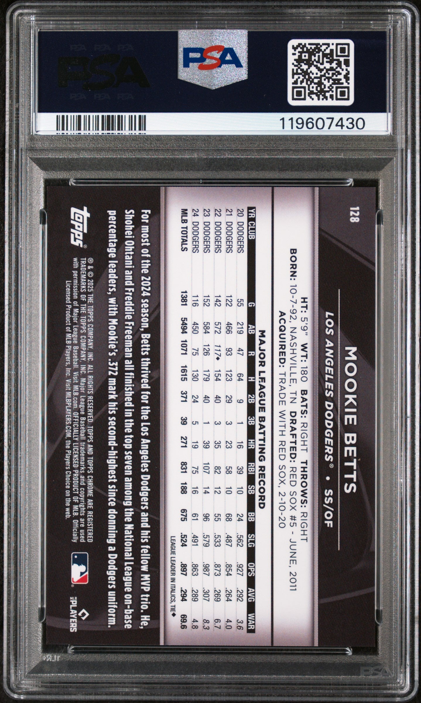 2025 Topps Chrome Black Blue Refractor Mookie Betts #128 /150 PSA 10
