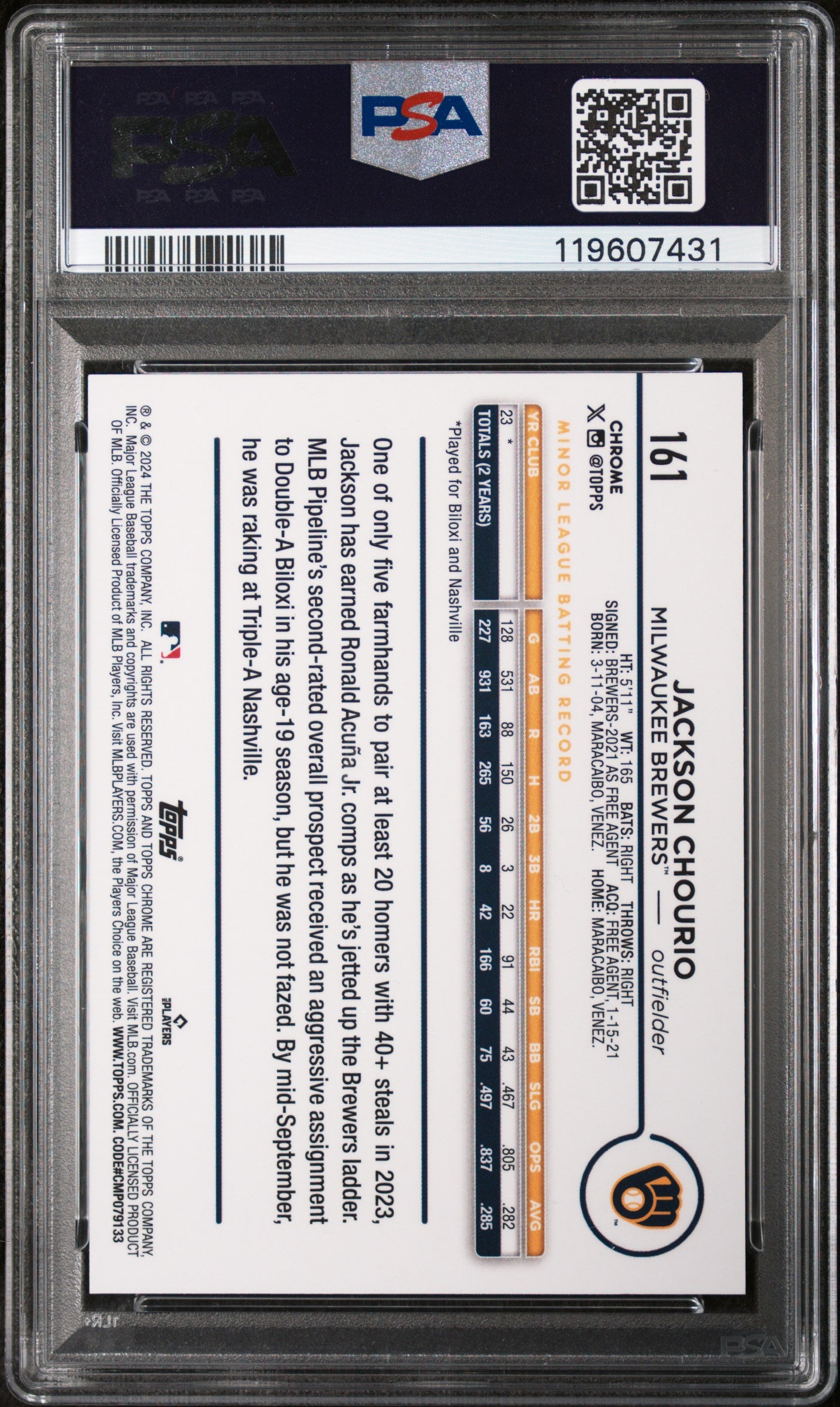 2024 Topps Chrome L/E Black Refractor Jackson Chourio #161 RC /10 PSA 9