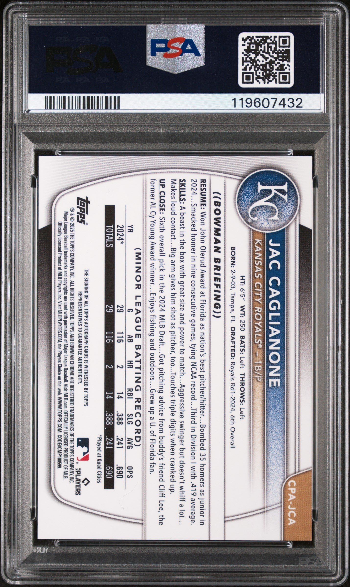 2025 Bowman Chrome Prospect Autograph Jac Caglianone #CPA-JCA Auto PSA 9