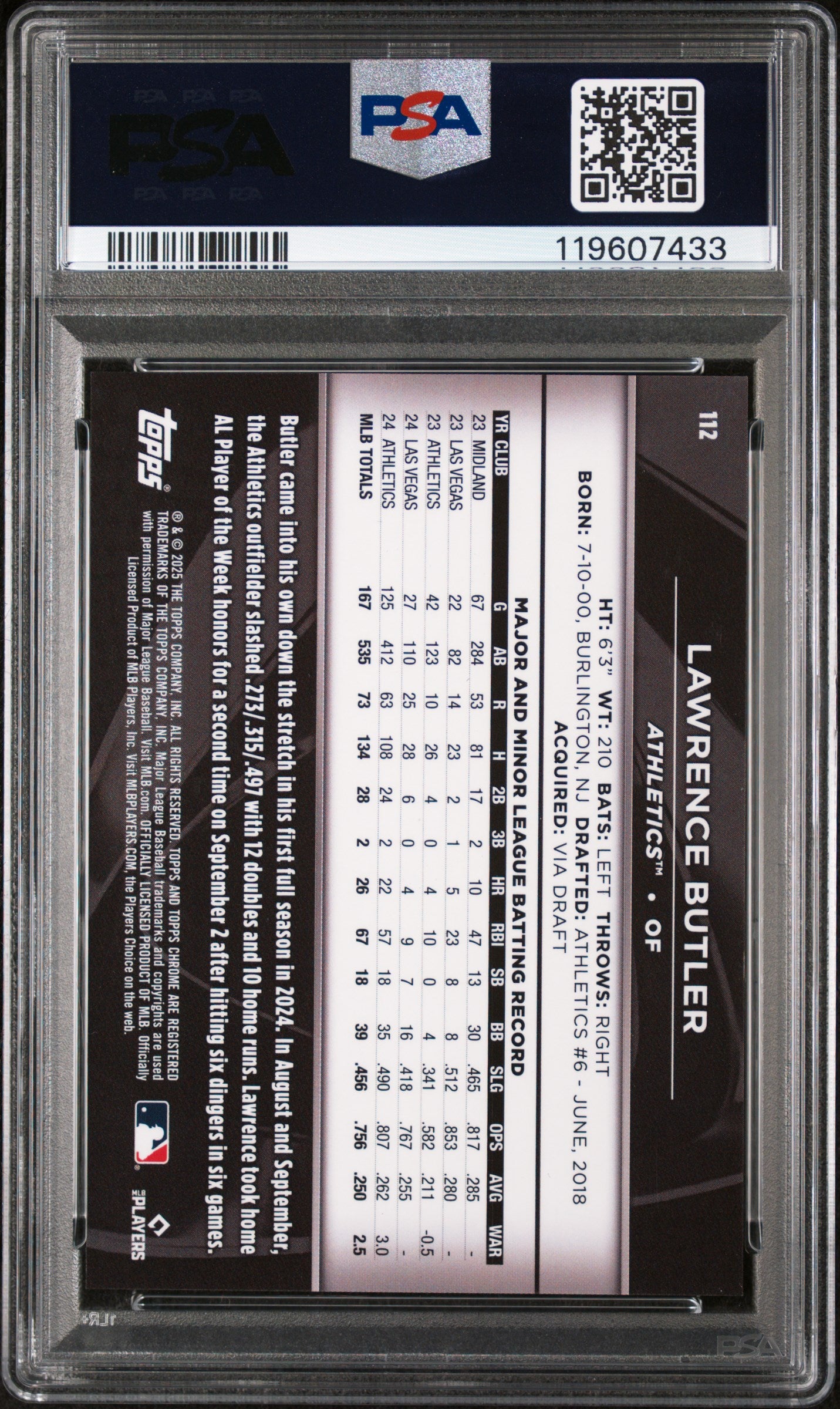 2025 Topps Chrome Black Gold Refractor Lawrence Butler #112 /50 PSA 9