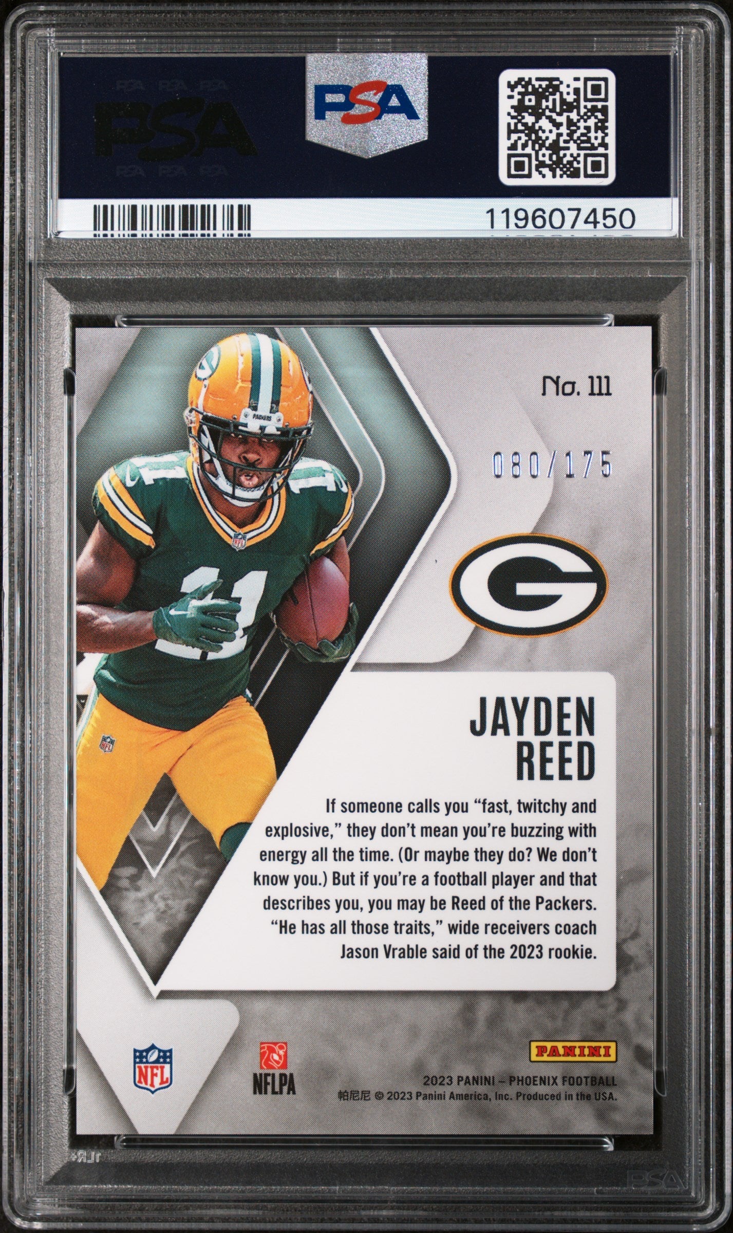 2023 Panini Phoenix Lava Jayden Reed #111 RC /175 PSA 9