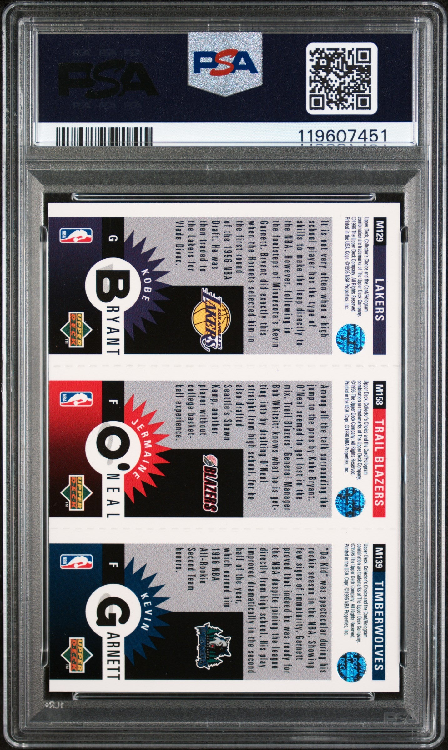 1996 Upper Deck Coll. Choice Mini II Bryant/O'Neal/Garnett #M129/M158/M139 PSA 7