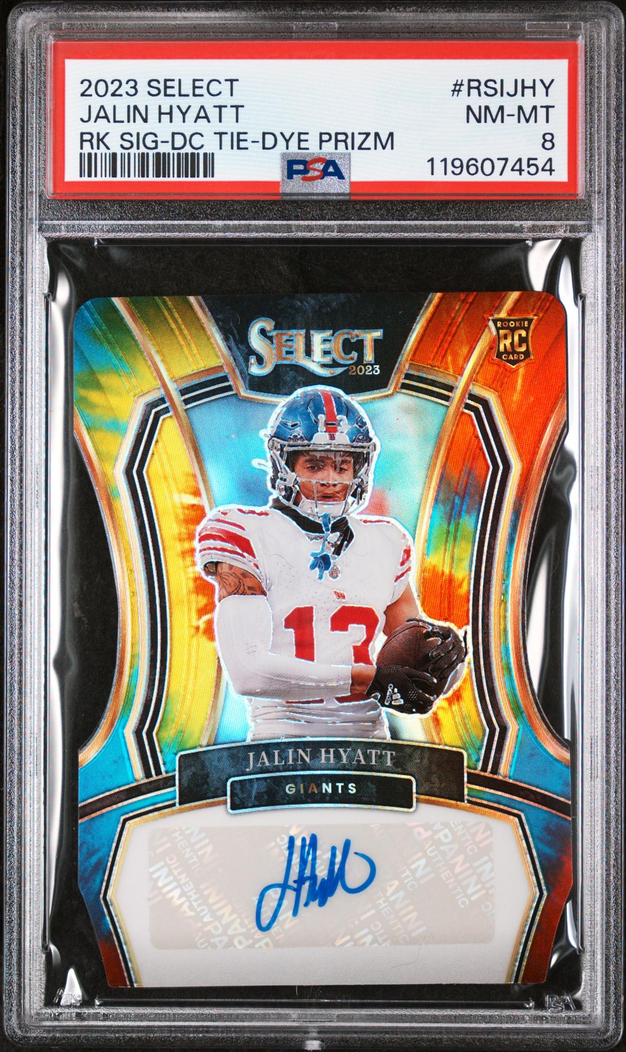 2023 Panini Select Tie-Dye Prizm Jalin Hyatt #RSI-JHY RC Auto /25 PSA 8