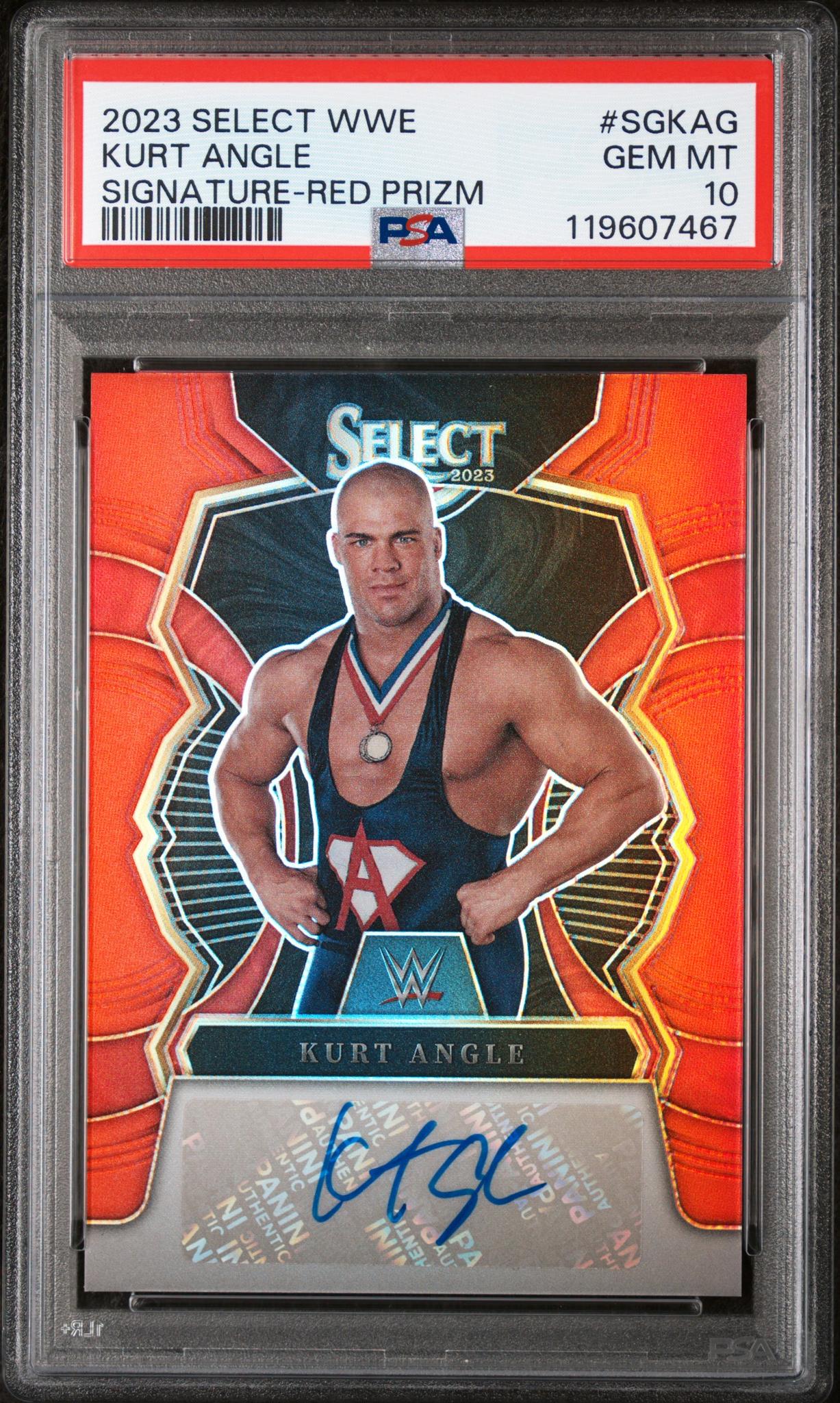 2023 Panini Select WWE Signatures Red Prizm Kurt Angle #SG-KAG Auto /60 PSA 10