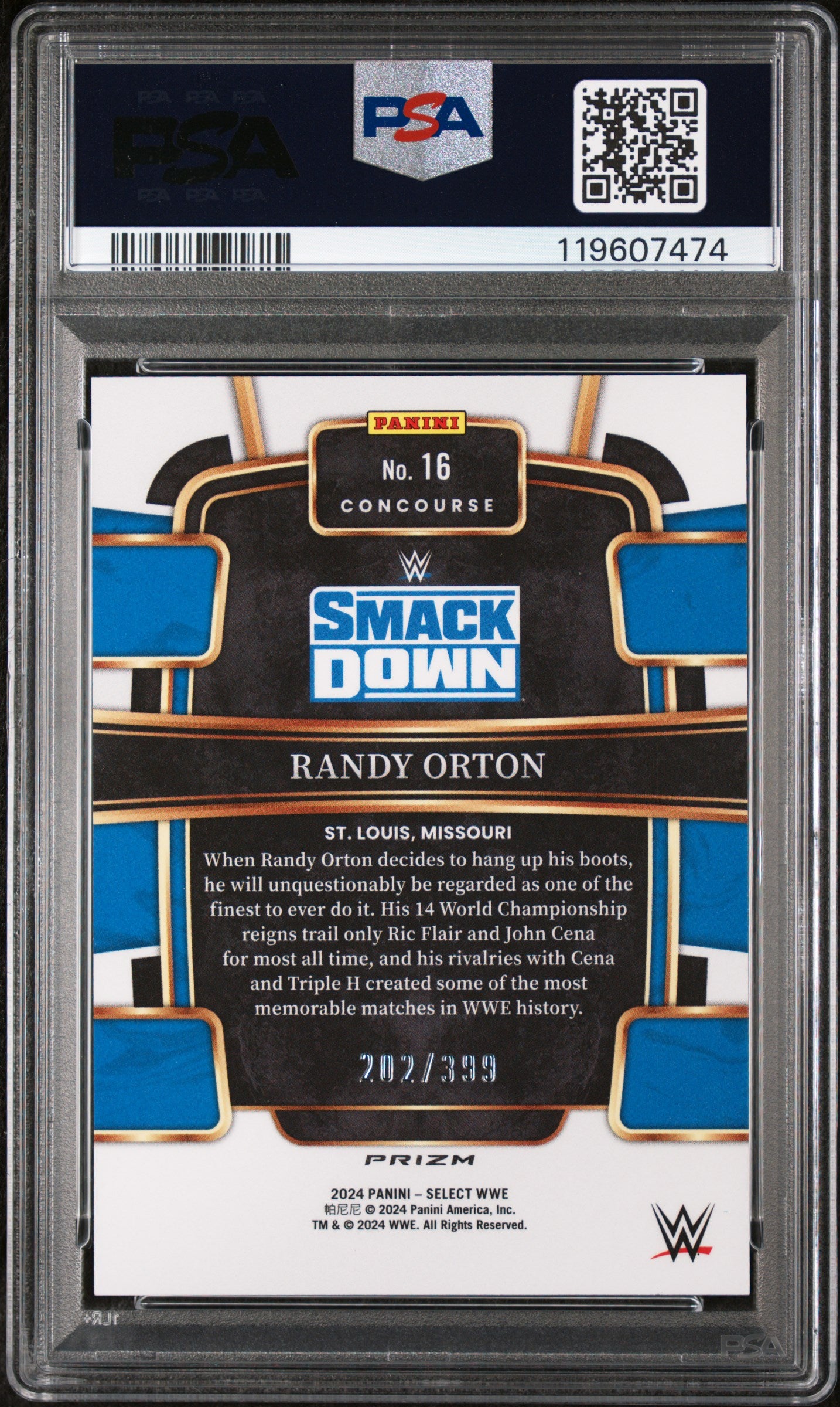 2024 Panini Select WWE Black & Blue Prizm Randy Orton #16 /399 PSA 9