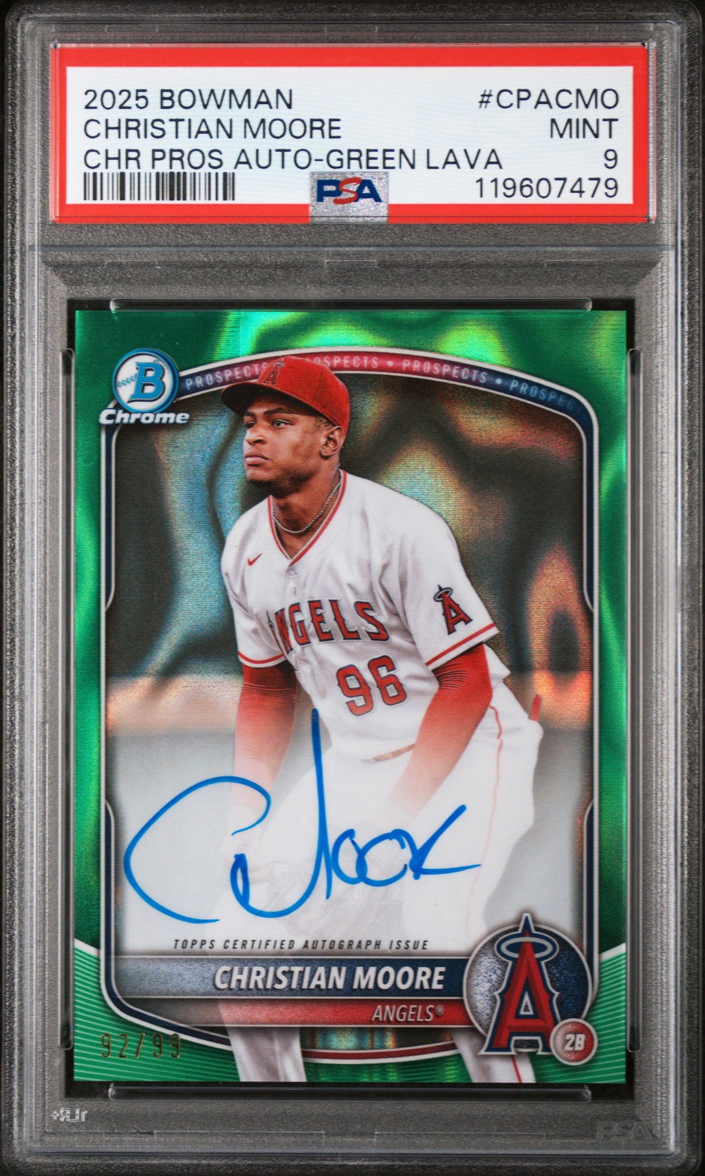 2025 Bowman Chrome Green Lava Refractor Christian Moore #CPA-CMO Auto /99 PSA 9