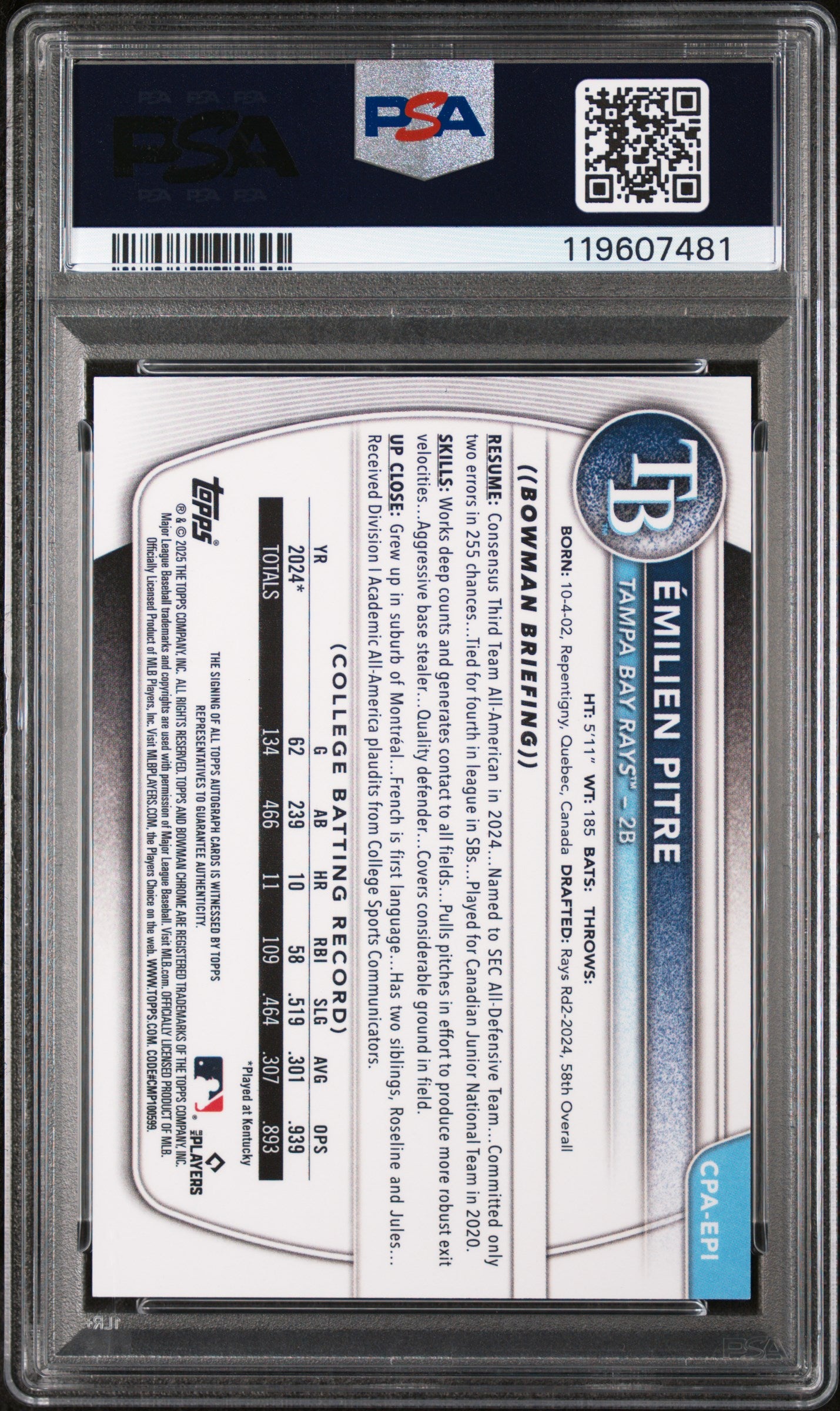 2025 Bowman Chrome Purple Refractor Emilien Pitre #CPA-EPI Auto /250 PSA 10