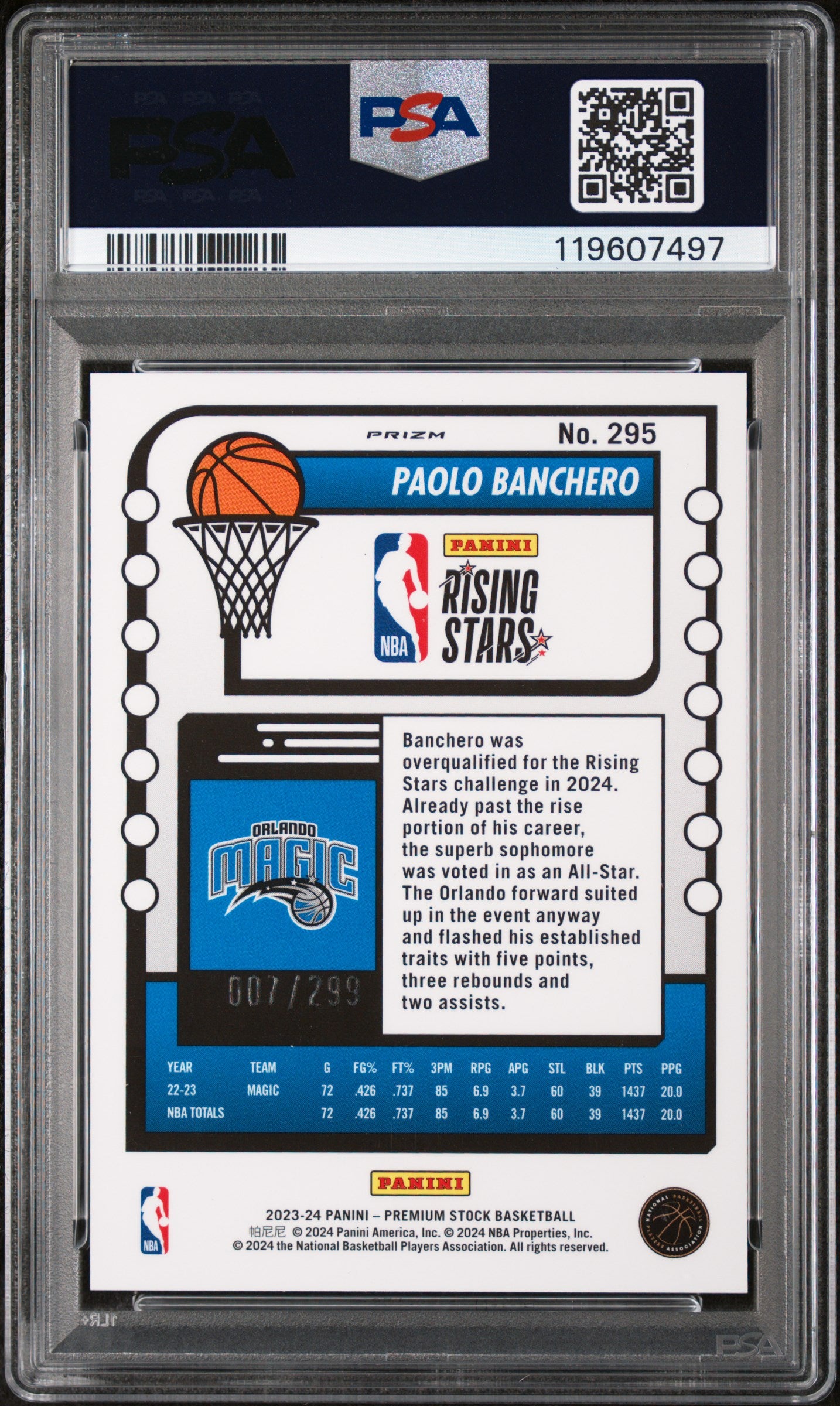 2023 Panini Hoops Premium Stock Orange Prizm Paolo Banchero #295 /299 PSA 10