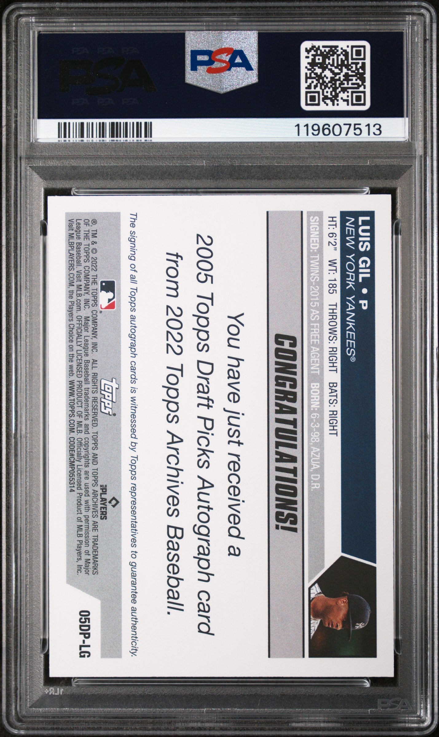 2022 Topps Archives '05 Topps DP Autograph Luis Gil #05DP-LG RC Auto PSA 9