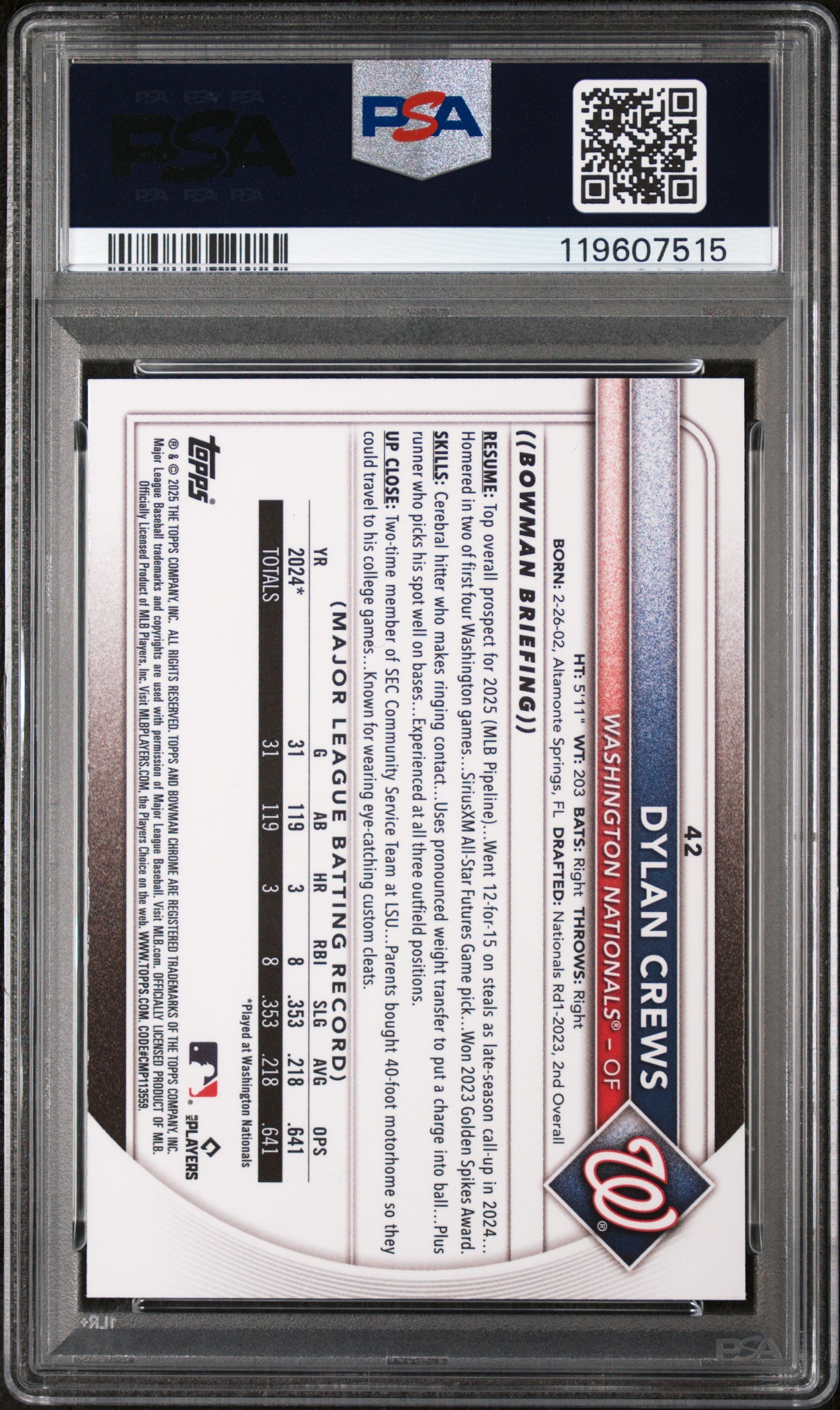 2025 Bowman Chrome Red Rookie Redemption Dylan Crews #42 RC PSA 10