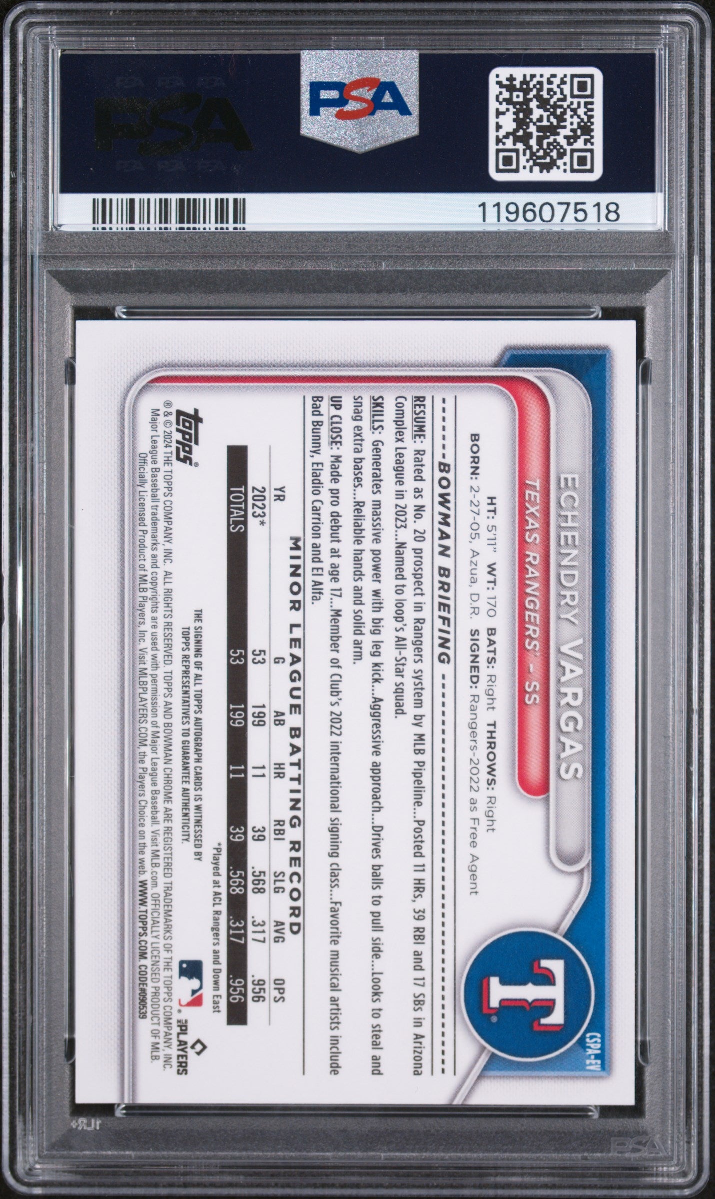 2024 Bowman Chrome # Echendry Vargas Chrome Prospect Autograph /199 Auto PSA 10