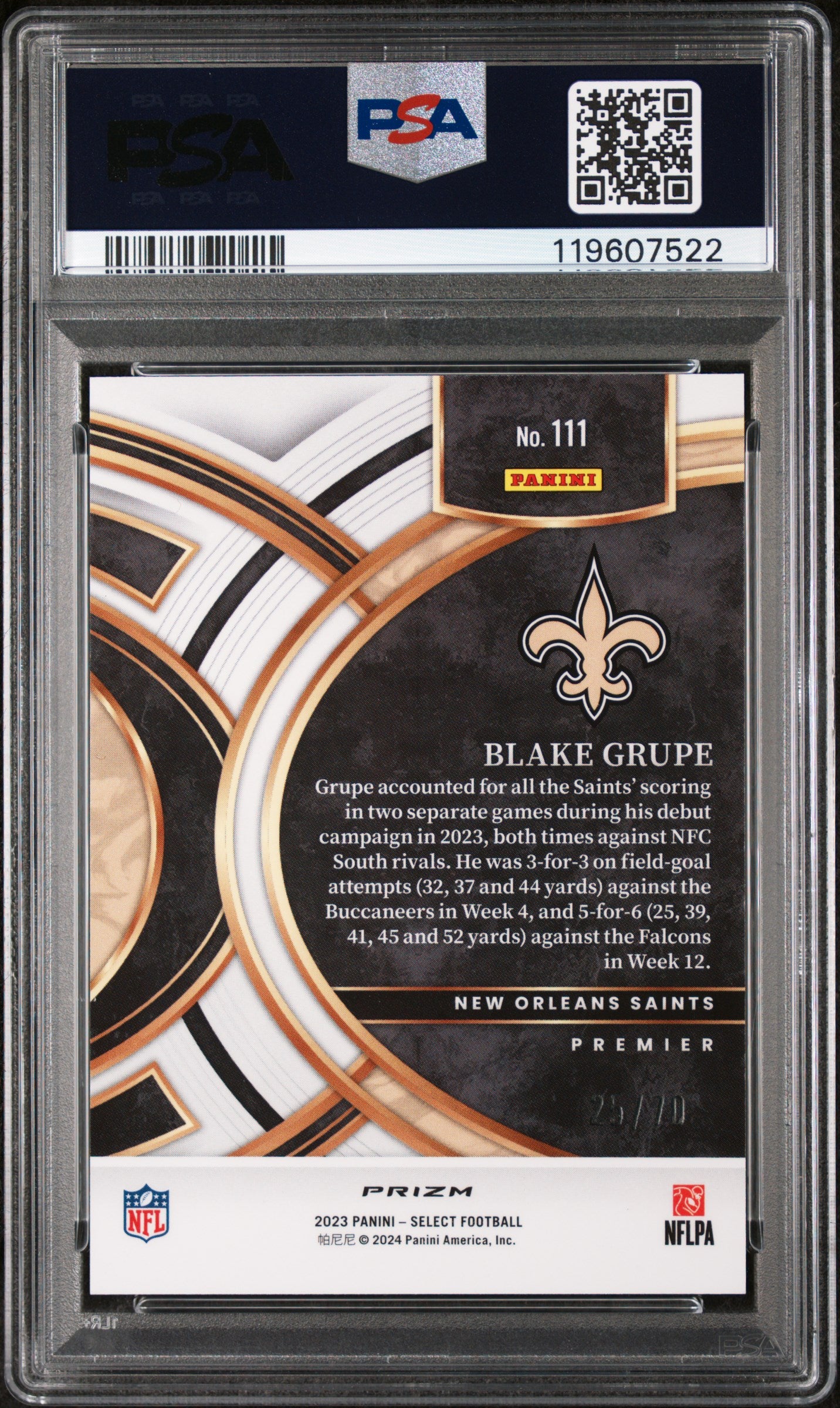 2023 Panini Select Dragon Scale Prizm Blake Grupe #111 RC /70 PSA 9