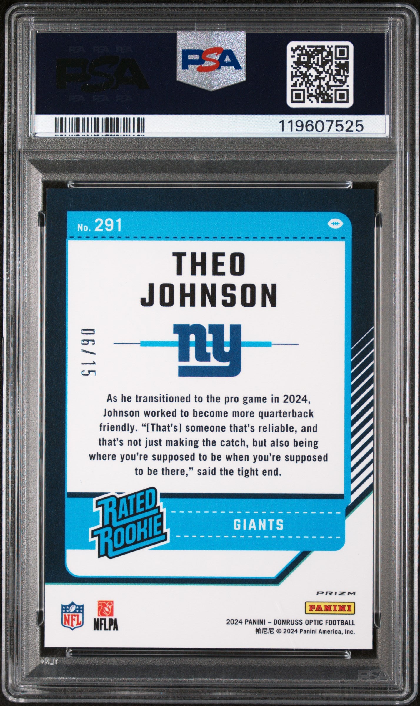 2024 Panini Donruss Optic Ice Theo Johnson #291 RC /15 PSA 9