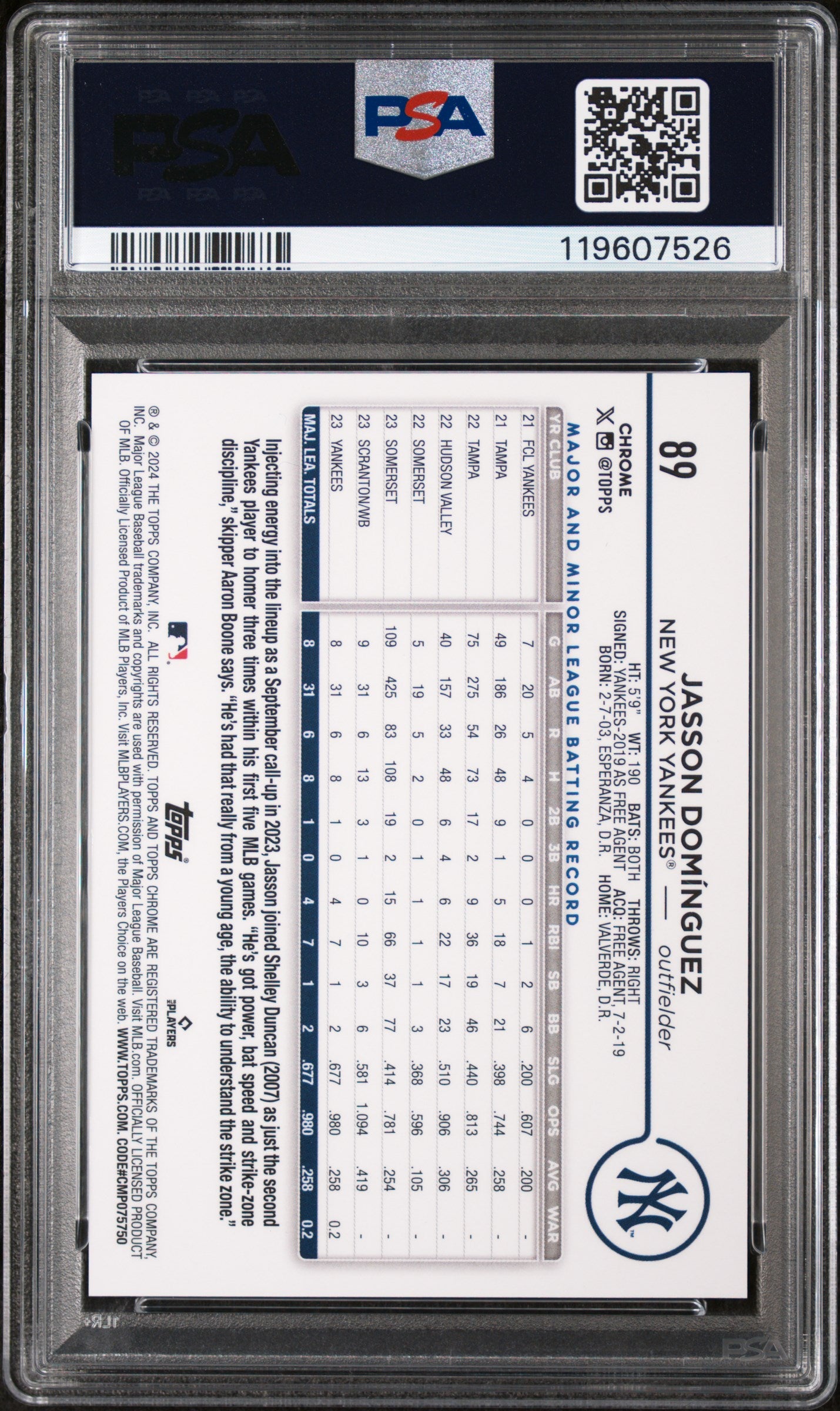 2024 Topps Chrome Variation Jasson Dominguez #89 RC PSA 9