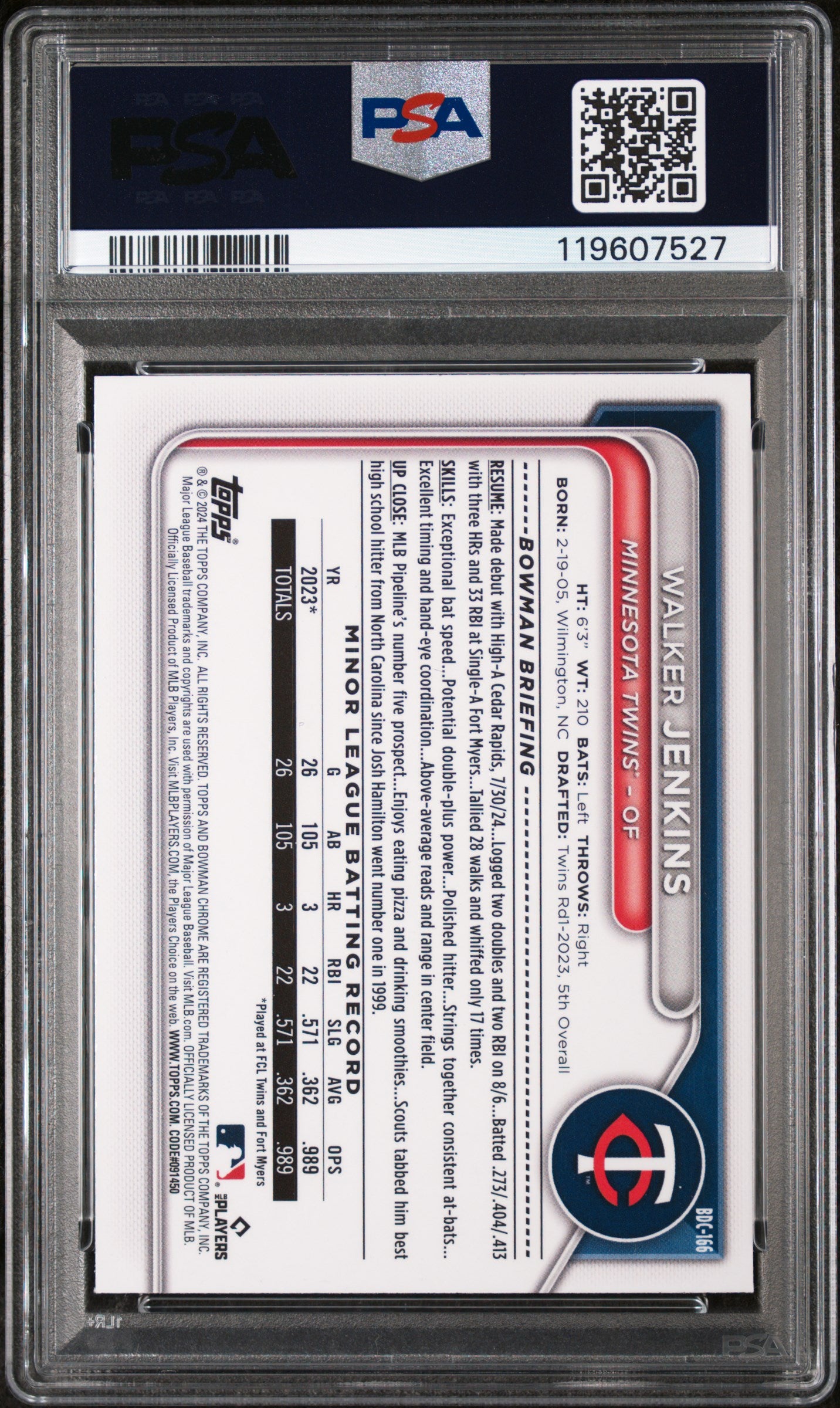 2024 Bowman Draft Yellow Lunar Crater Refractor Walker Jenkins #BDC166 /75 PSA 8