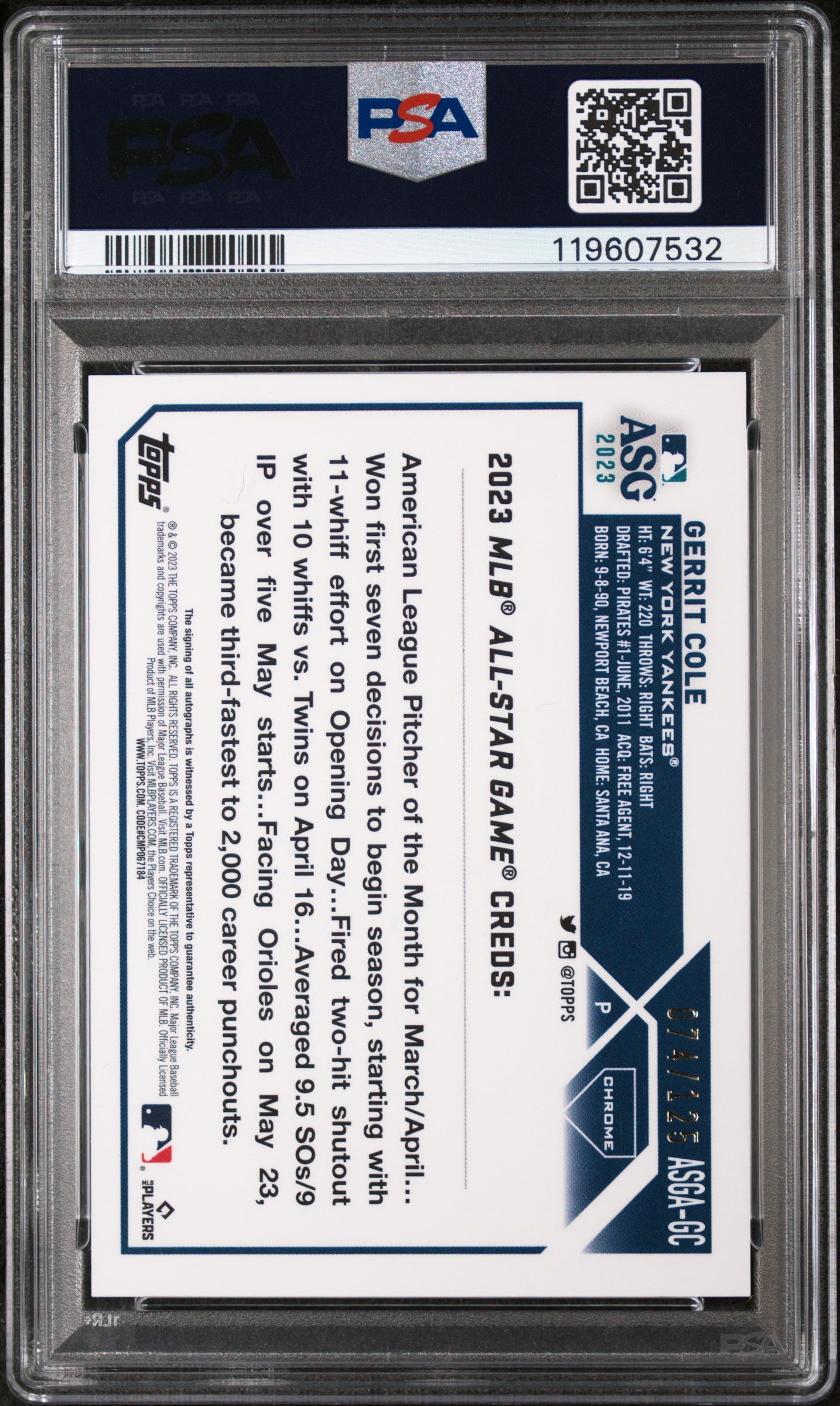 2023 Topps Chrome Update ASG X-Fractor Gerrit Cole #ASGA-GC Auto /125 PSA 10