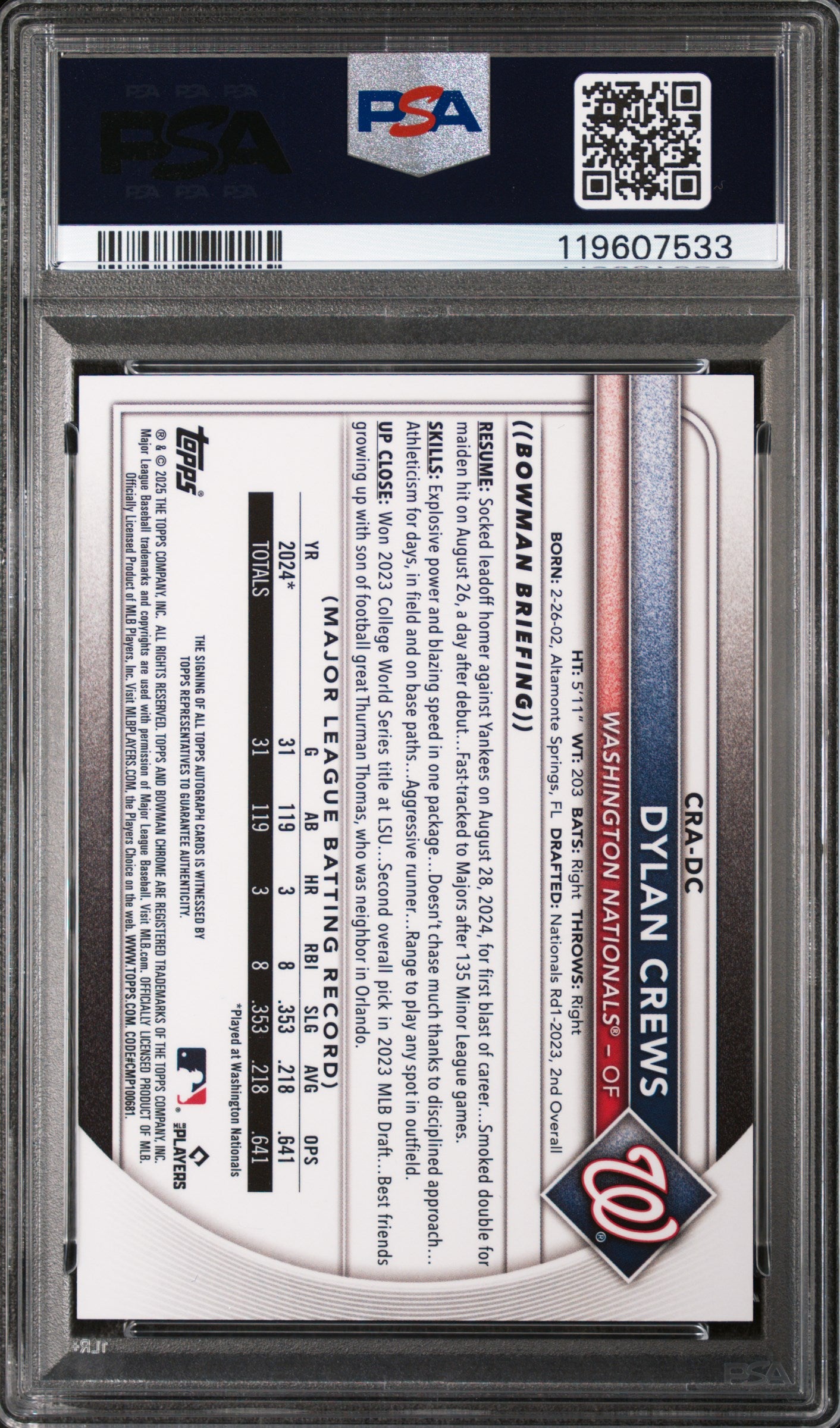 2025 Bowman Chrome Blue Refractor Dylan Crews #CRA-DC RC Auto /150 PSA 10