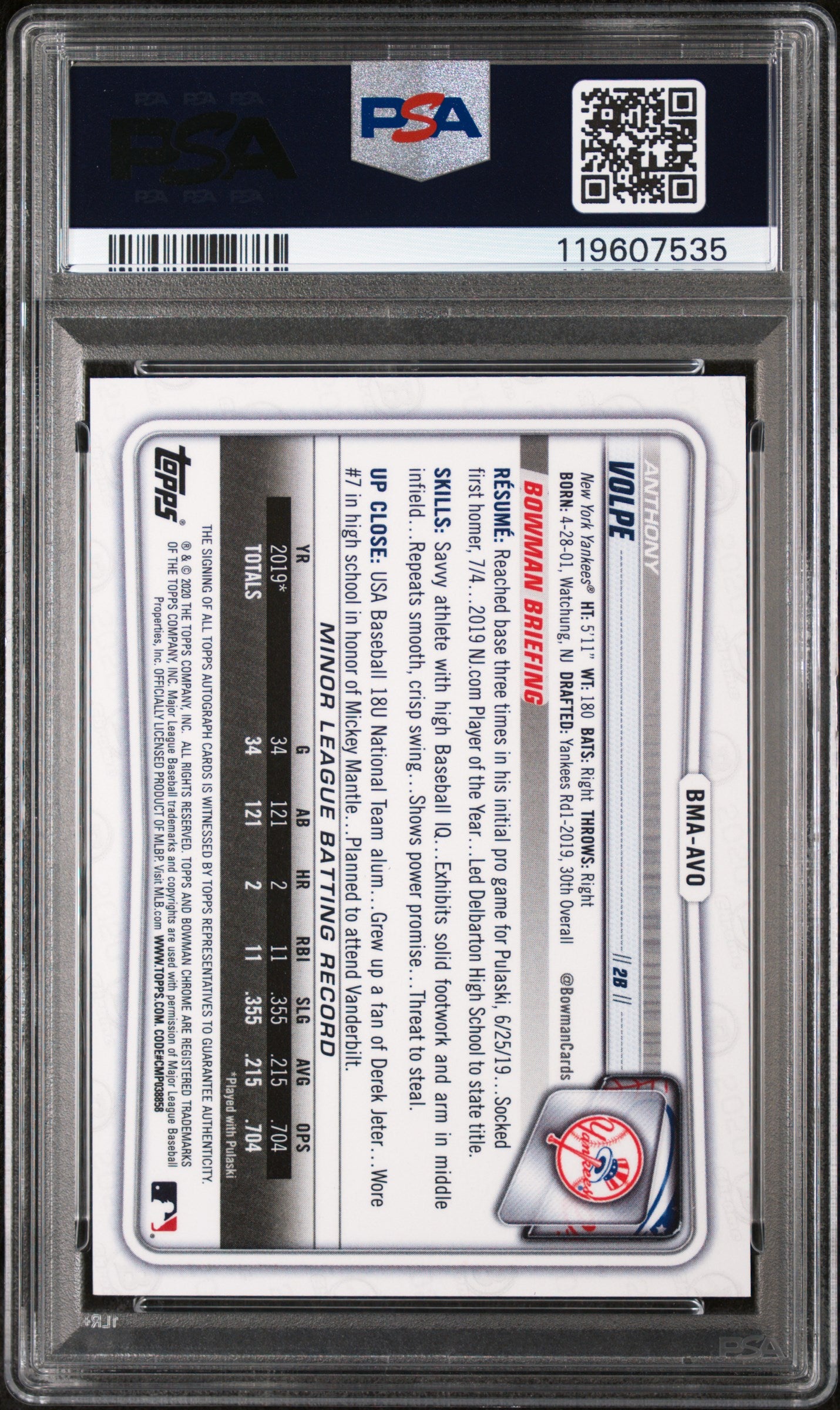 2020 Bowman Chrome Mega Box Green Ref. Anthony Volpe #BMA-AVO Auto /99 PSA 10