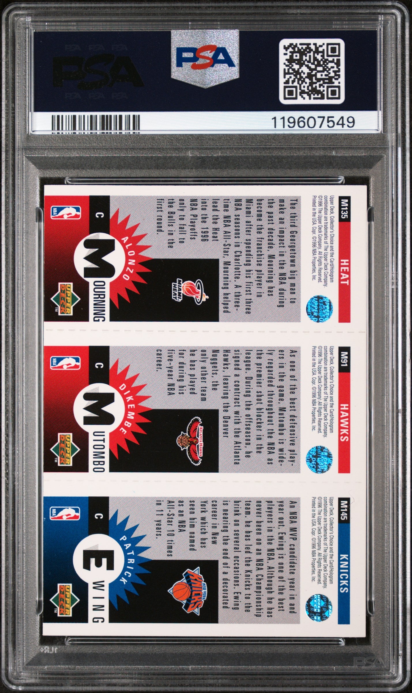 1996 Upper Deck Coll. Choice Mini II Ewing/Mutombo/Mourning #M145/M91/M135 PSA 8