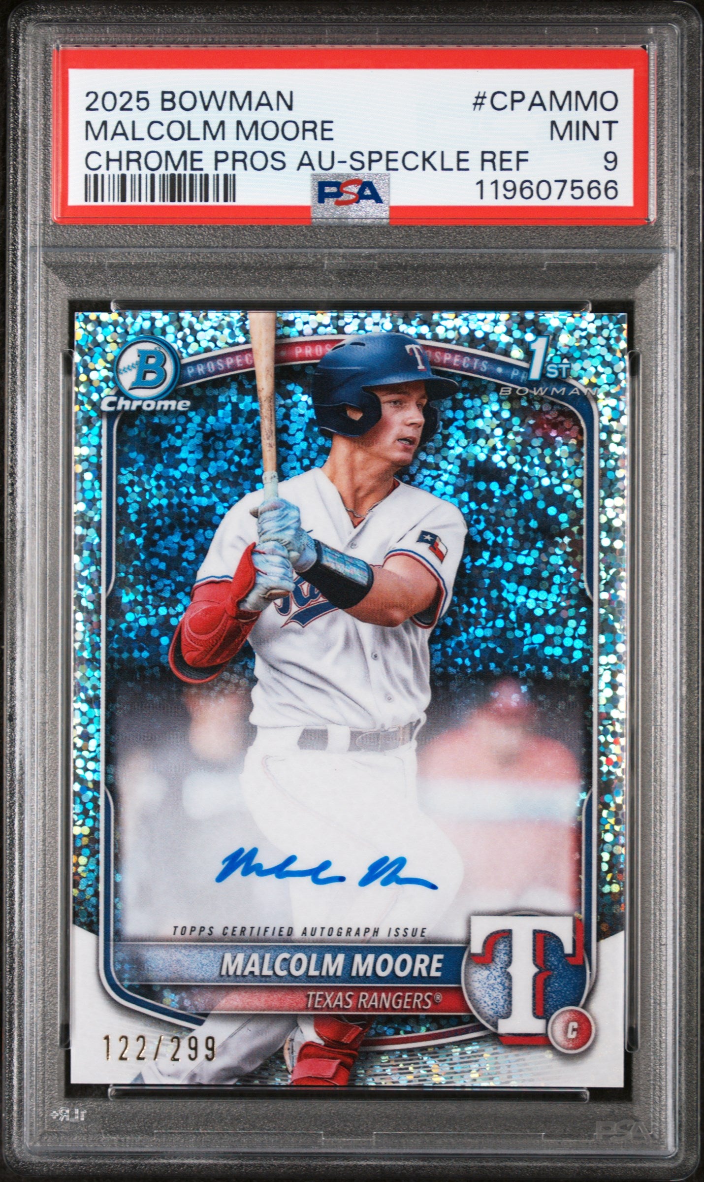 2025 Bowman Chrome Speckle Refractor Malcolm Moore #CPA-MMO Auto /299 PSA 9