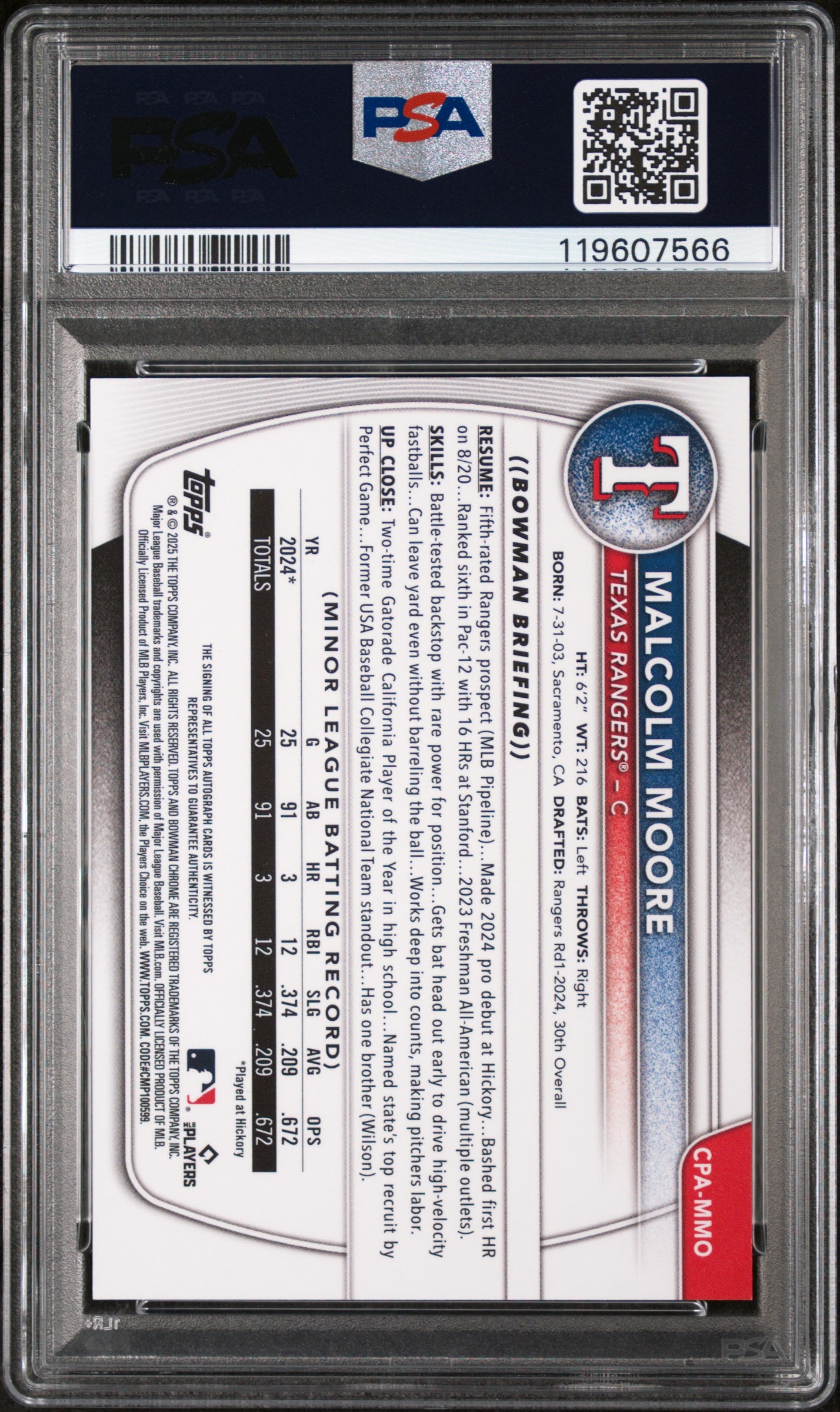 2025 Bowman Chrome Speckle Refractor Malcolm Moore #CPA-MMO Auto /299 PSA 9