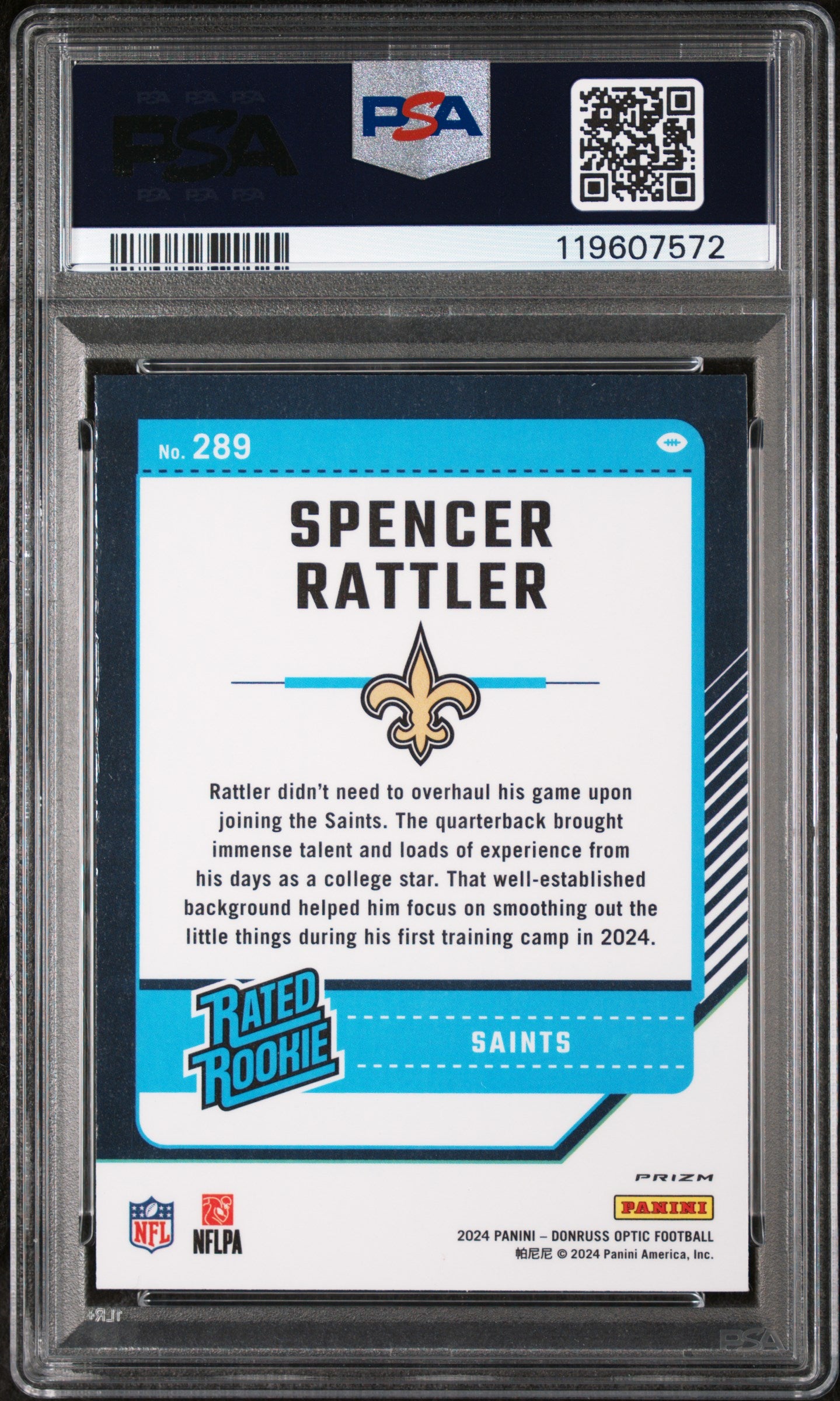2024 Panini Donruss Optic Blue Glitter Spencer Rattler #289 RC PSA 10