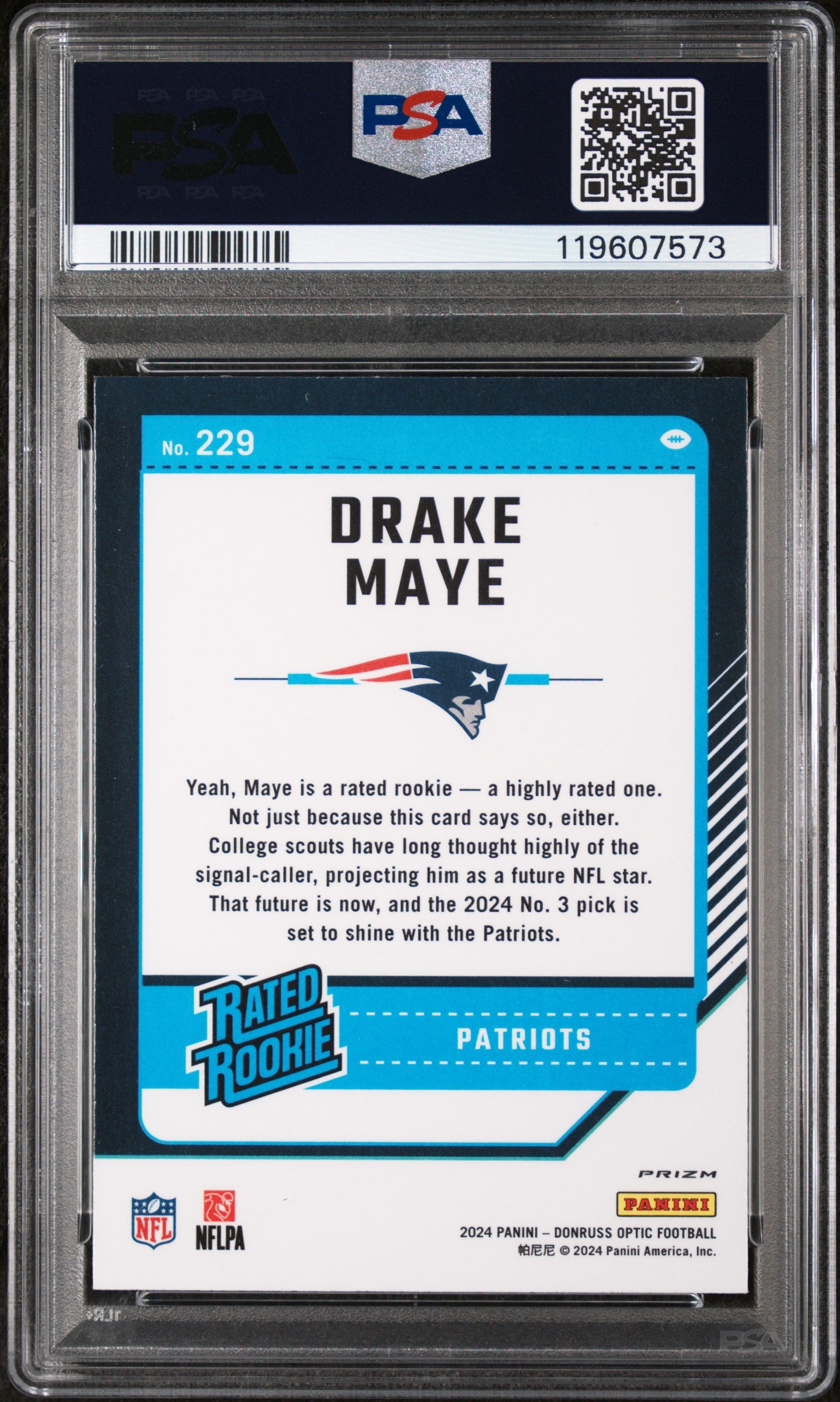 2024 Panini Donruss Optic Purple Scope Drake Maye #229 RC PSA 9
