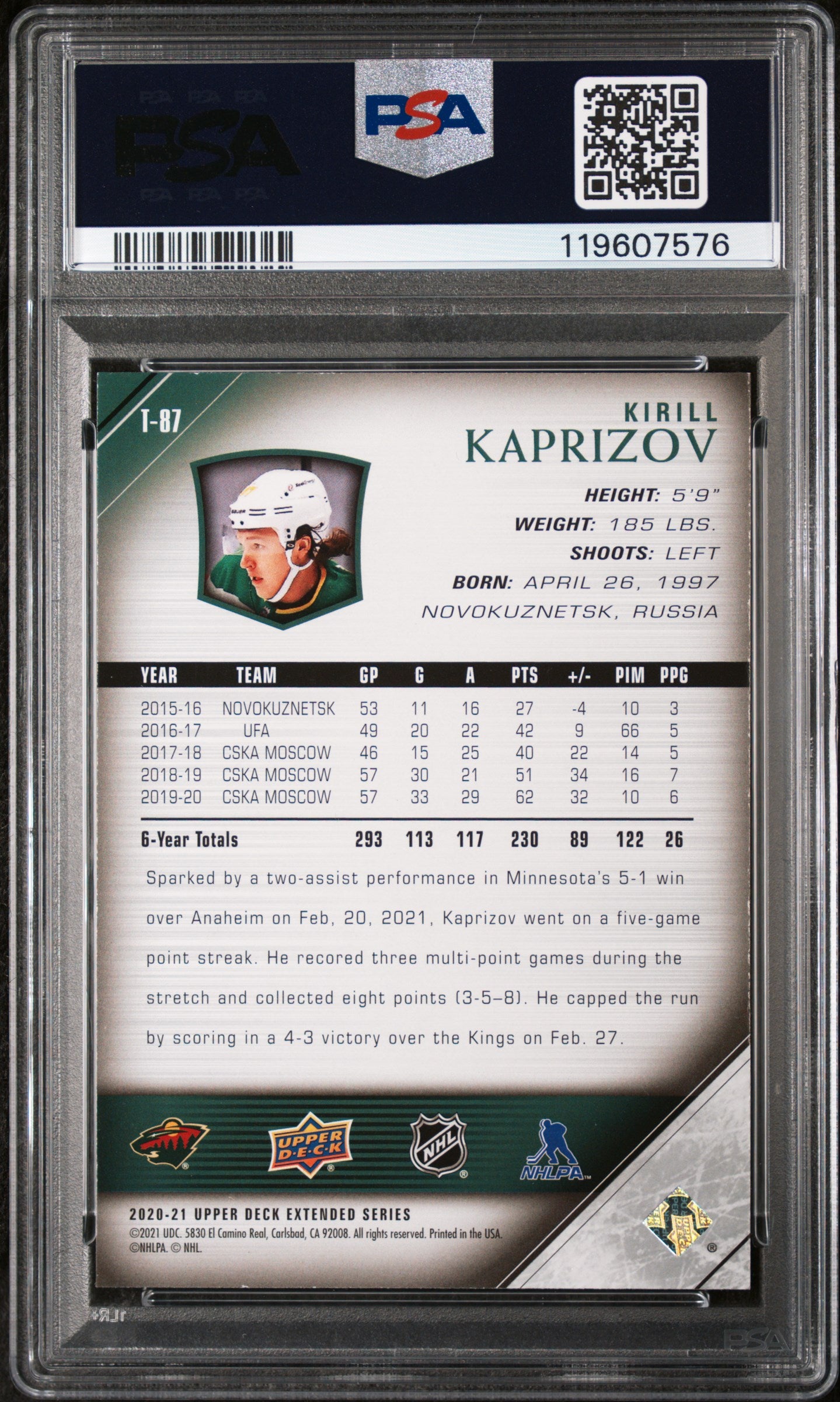 2020 Upper Deck Extended Series 05-06 Tribute Kirill Kaprizov #T-87 PSA 9