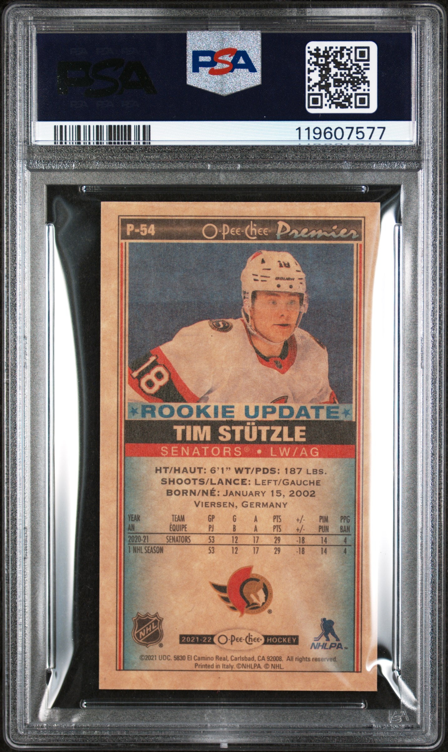2021 O-Pee-Chee Premier Tallboys Rookie Update Tim Stutzle #P-54 PSA 10
