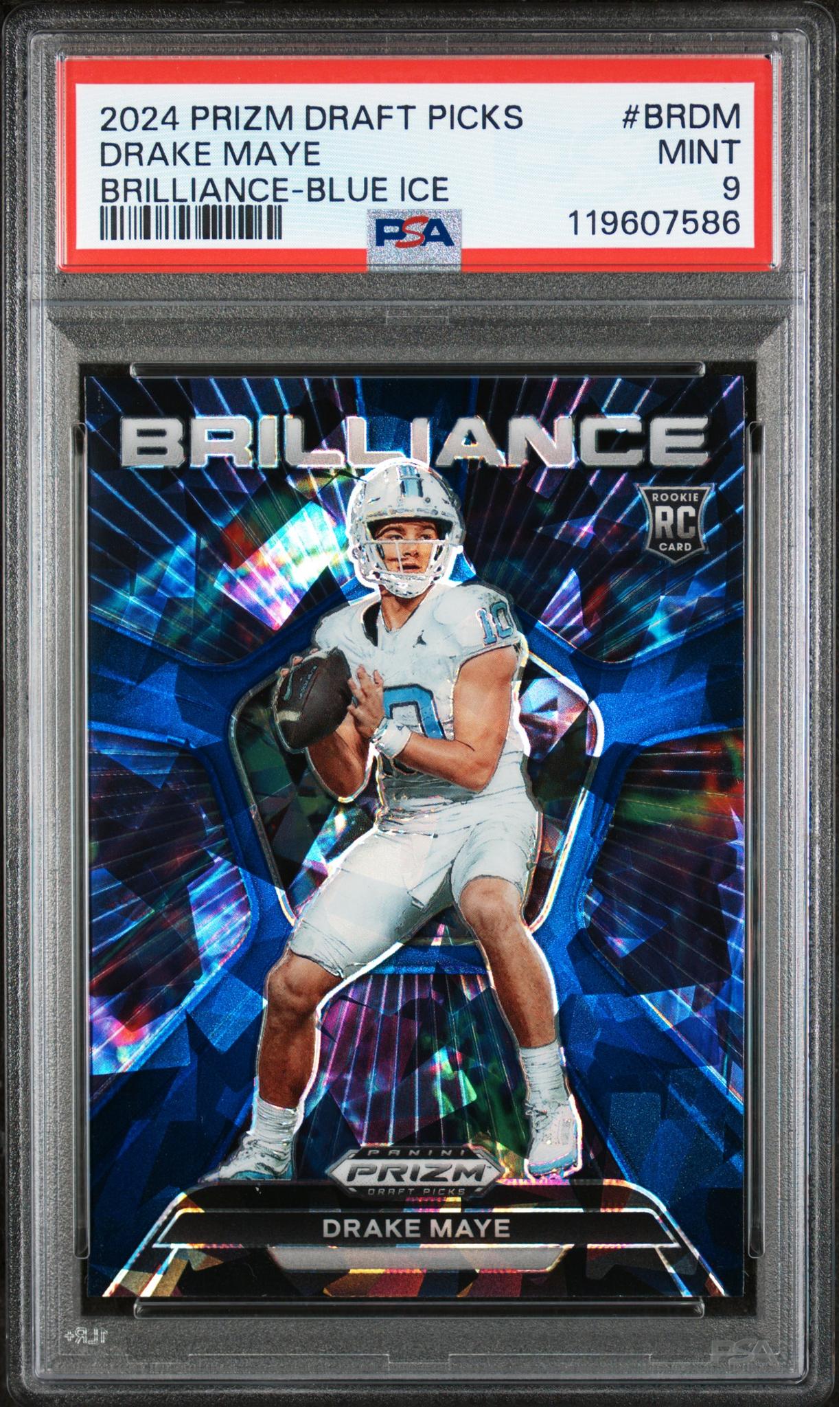 2024 Panini Prizm Draft Picks Brilliance Blue Ice Drake Maye #BR-DM RC /99 PSA 9