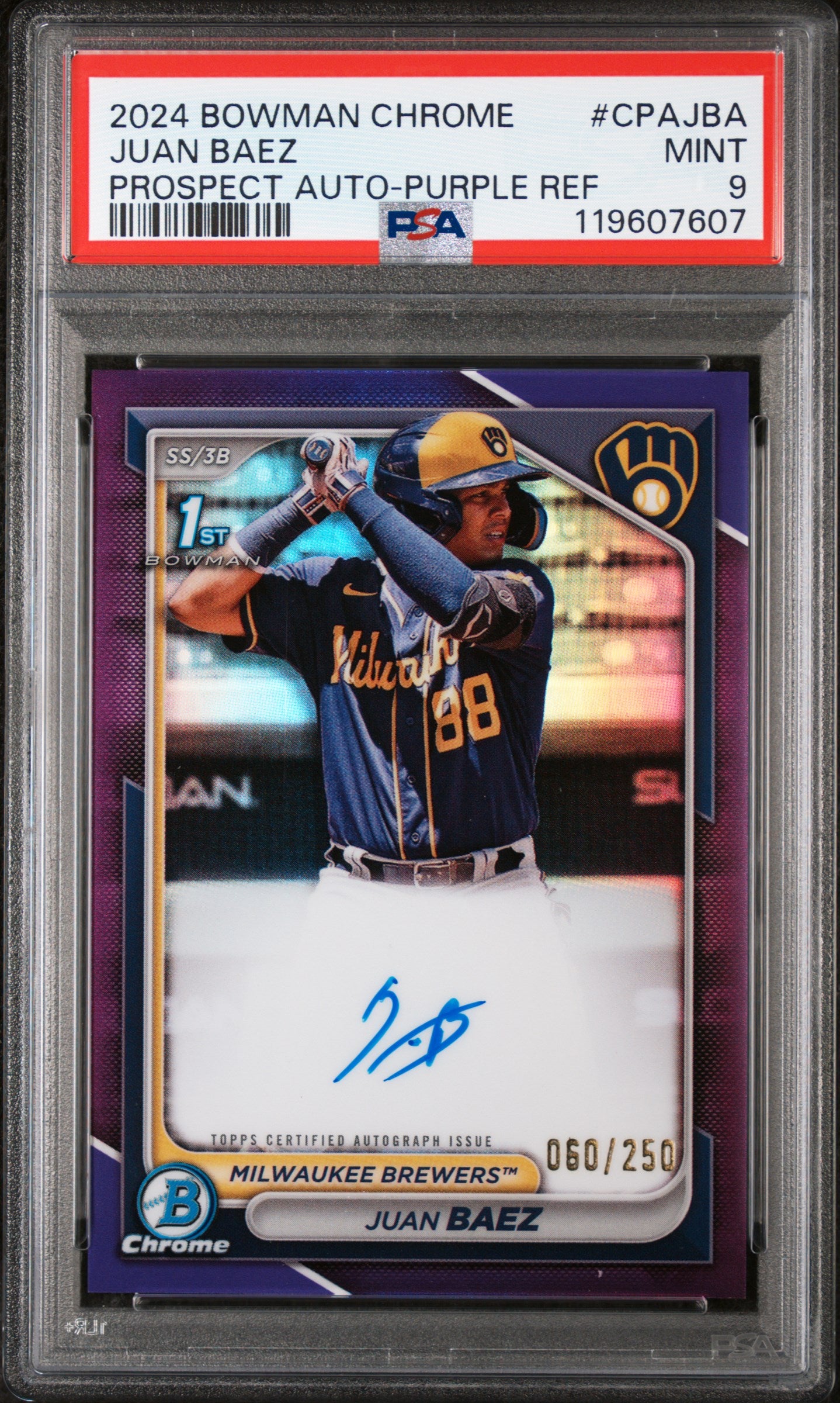 2024 Bowman Chrome Purple Refractor Juan Baez #CPAJBA Prospect Auto /250 PSA 9
