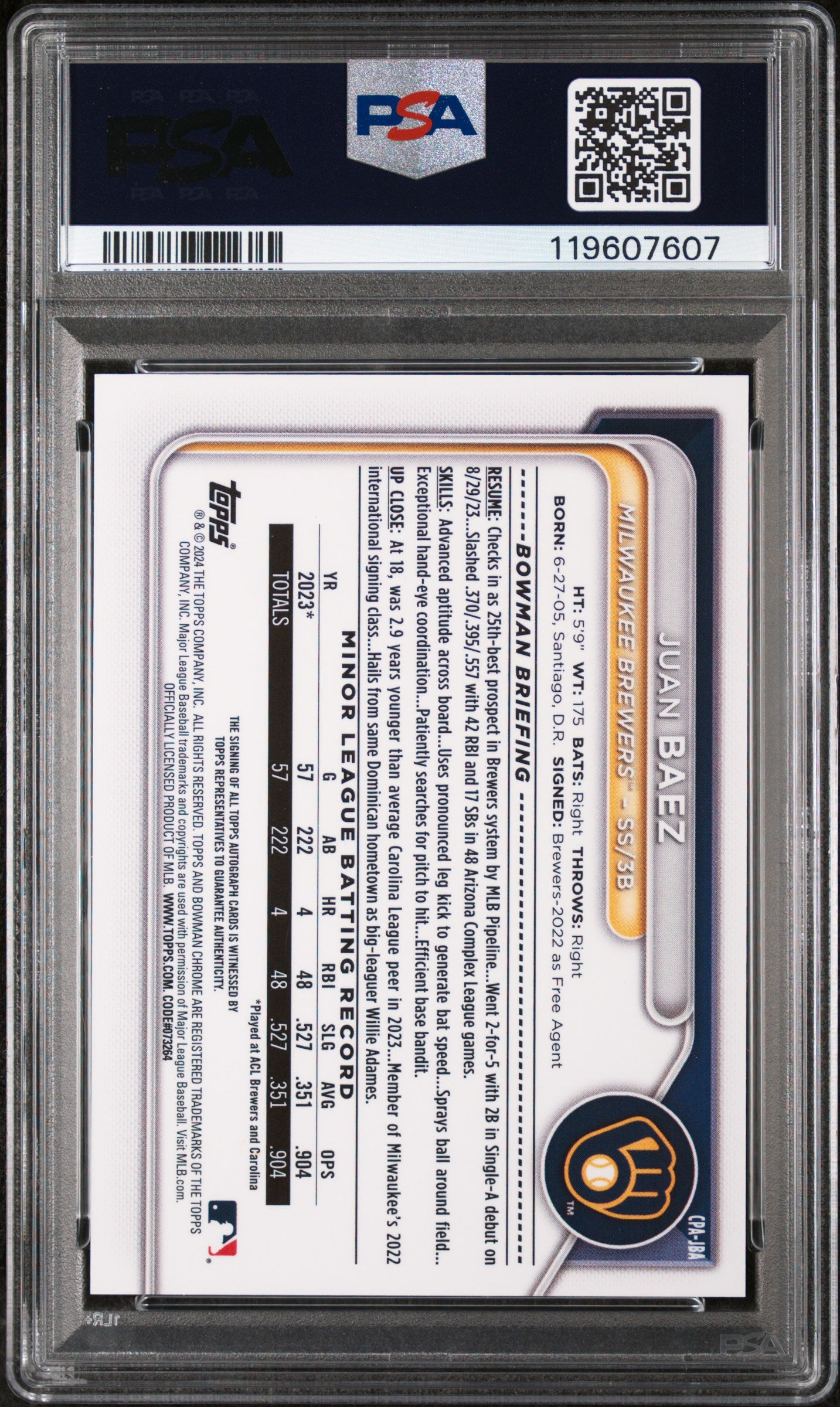 2024 Bowman Chrome Purple Refractor Juan Baez #CPAJBA Prospect Auto /250 PSA 9