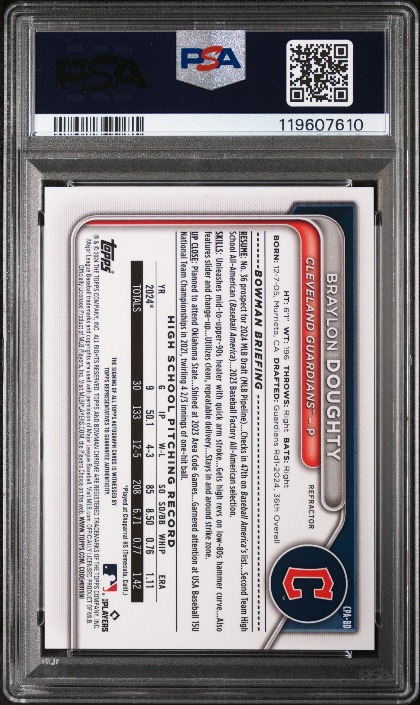 2024 Bowman Draft Chrome Refractor Braylon Doughty #CPABD Auto /499 PSA 9