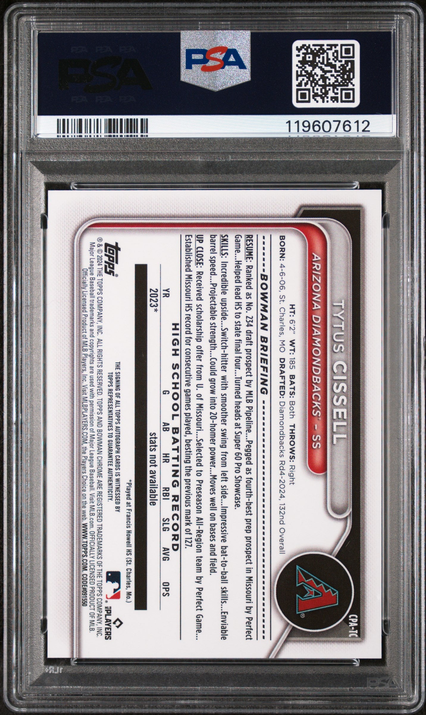 2024 Topps Bowman Draft Chrome Prospect Autograph Tytus Cissell #CPA-TC PSA 9