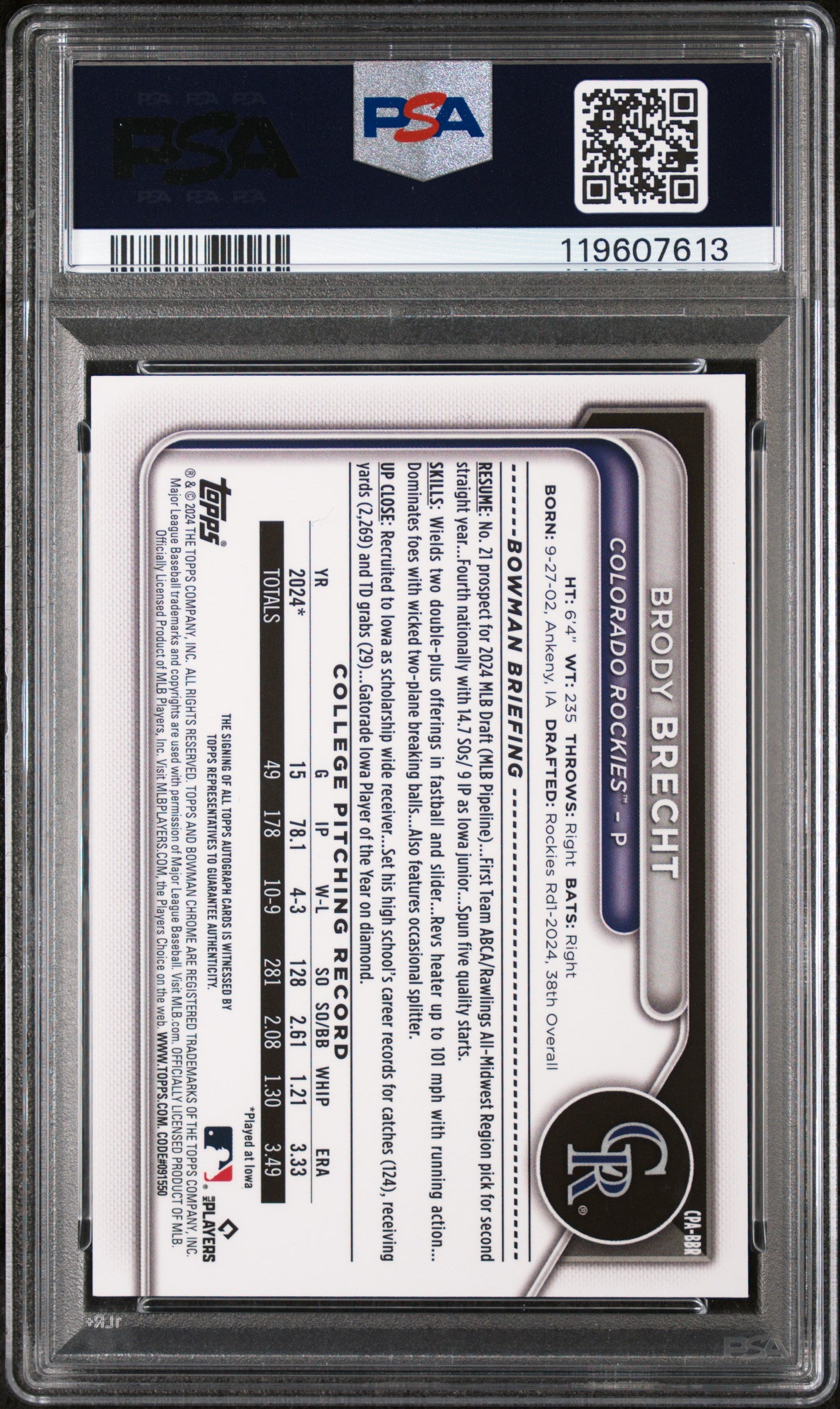 2024 Topps Bowman Draft Chrome Prospect Autograph Brody Brecht #CPA-BBR PSA 9