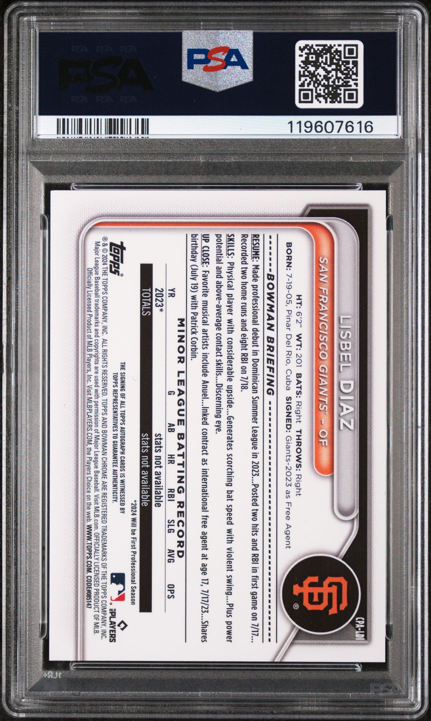2024 Bowman Chrome Blue RayWave Lisbel Diaz #CPALDI Auto /150 PSA 10