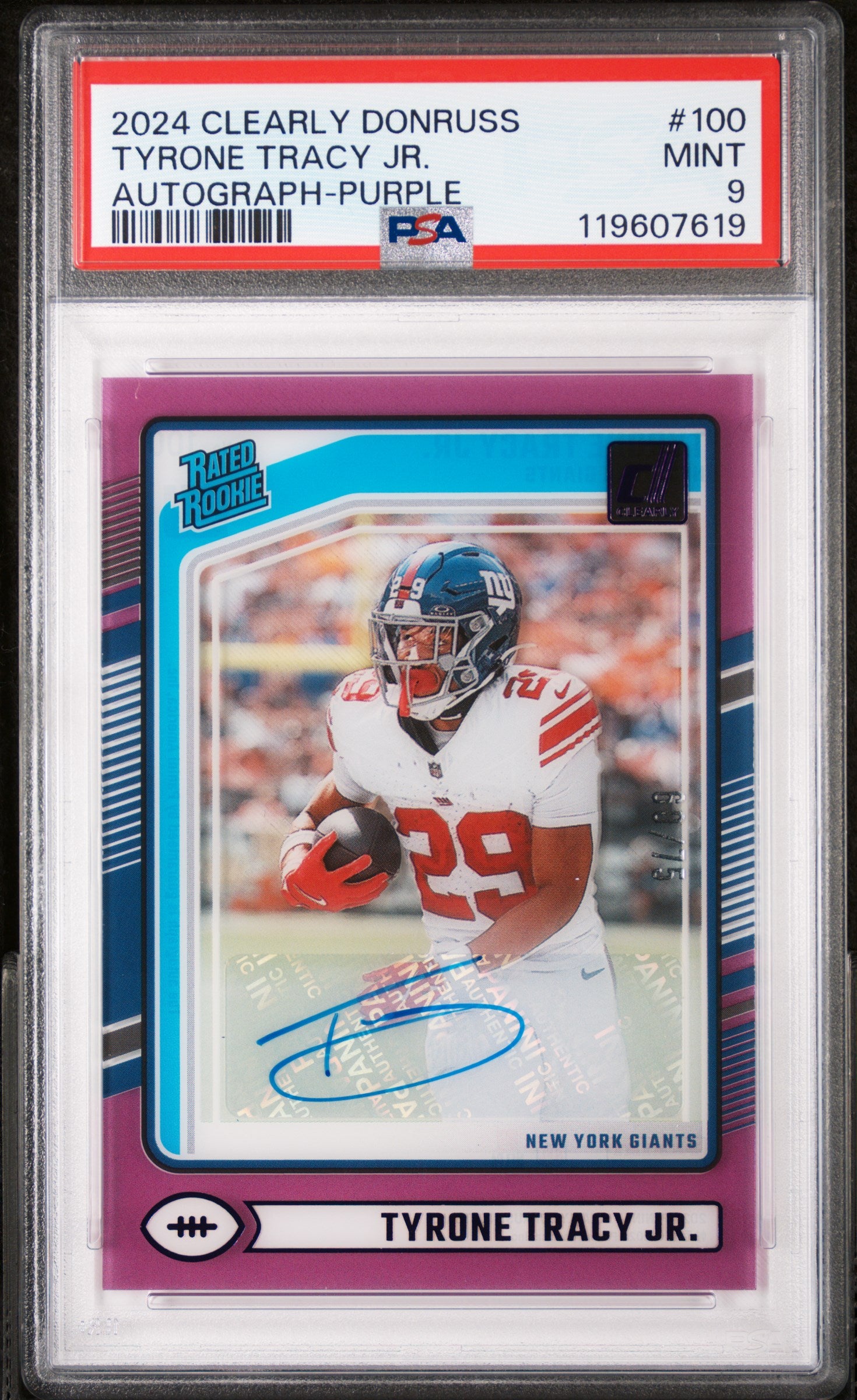 2024 Panini Clearly Donruss Purple Tyrone Tracy Jr. #100 RC Auto /75 PSA 9