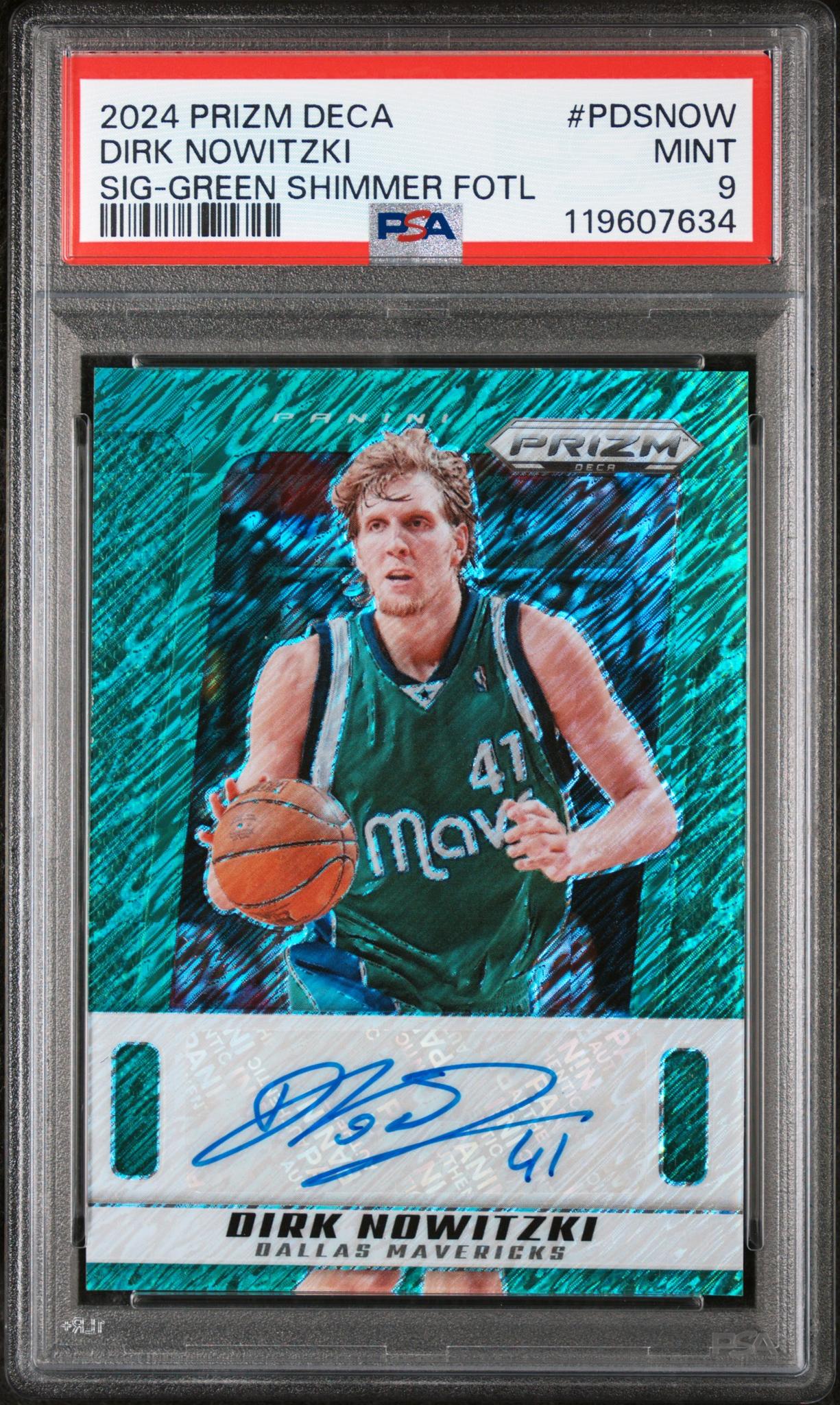2024 Panini Prizm Deca Green Shimmer FOTL Dirk Nowitzki #PDS-NOW Auto /15 PSA 9