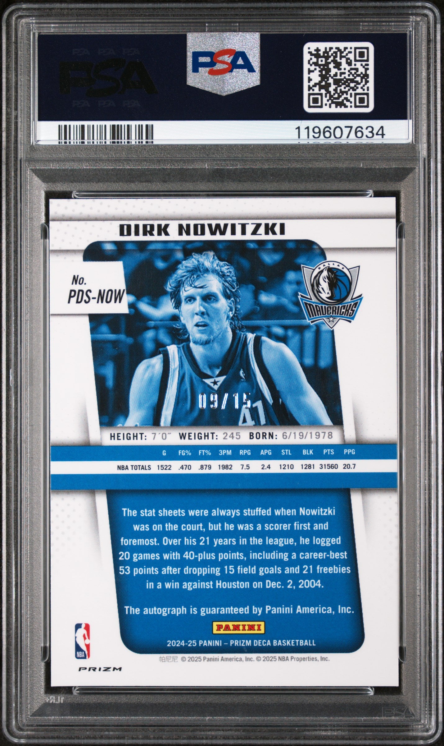 2024 Panini Prizm Deca Green Shimmer FOTL Dirk Nowitzki #PDS-NOW Auto /15 PSA 9