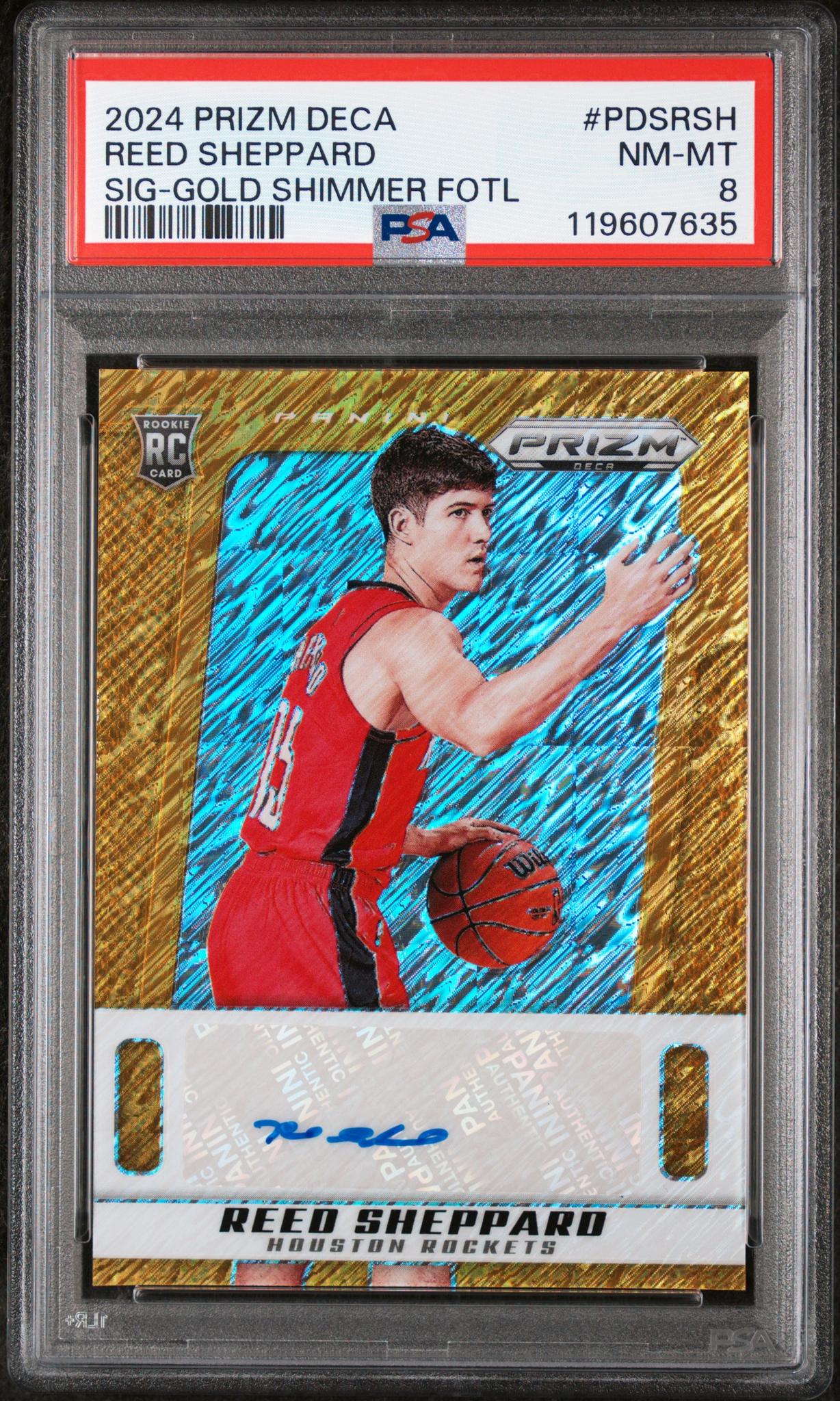 2024 Panini Prizm Deca Gold Shimmer FOTL Reed Sheppard #PDSRSH RC Auto /10 PSA 8