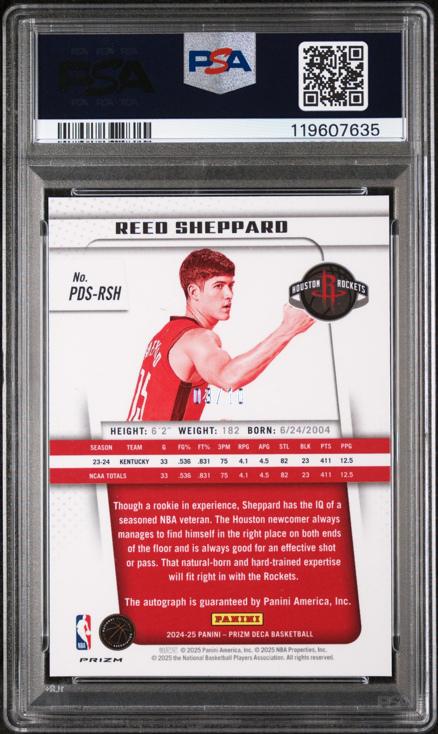 2024 Panini Prizm Deca Gold Shimmer FOTL Reed Sheppard #PDSRSH RC Auto /10 PSA 8