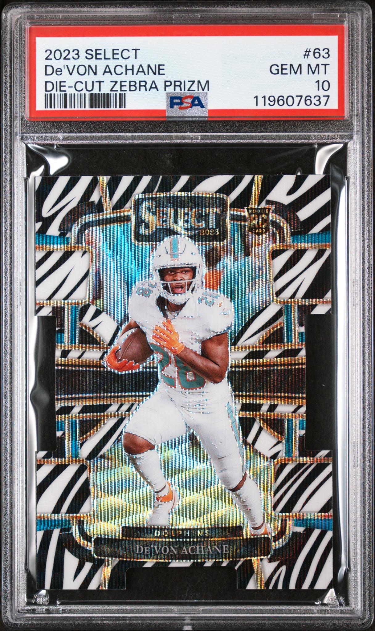 2023 Panini Select Die-Cut Zebra Prizm De'Von Achane #63 RC PSA 10