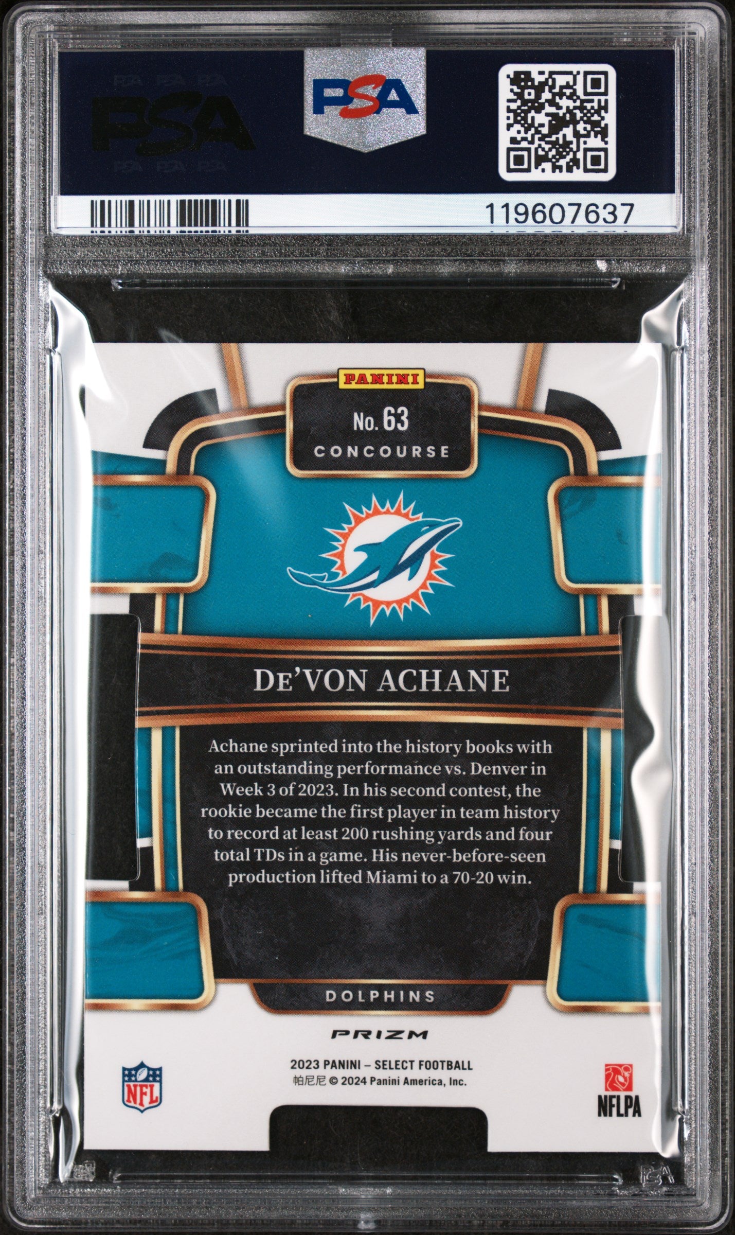 2023 Panini Select Die-Cut Zebra Prizm De'Von Achane #63 RC PSA 10