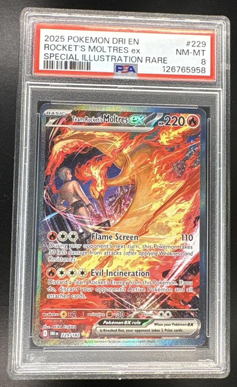 2025 Pokemon Scarlet and Violet Destined Rivals Special Illustration Rare Team Rocket’S Moltres Ex #229 PSA 8