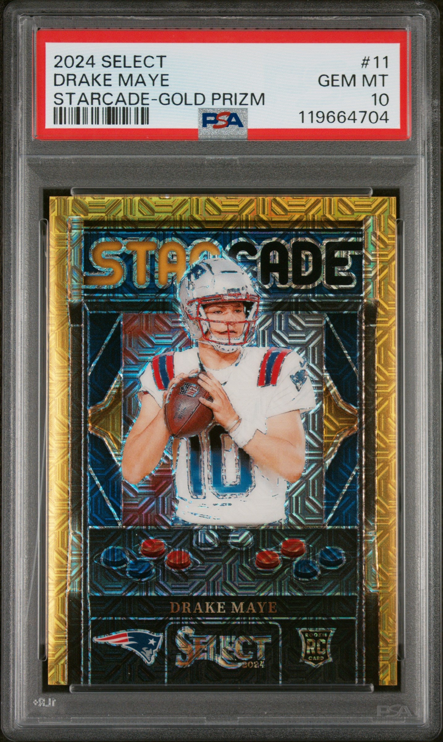 2024 Panini Select Starcade Gold Prizm Drake Maye #11 RC /10 PSA 10