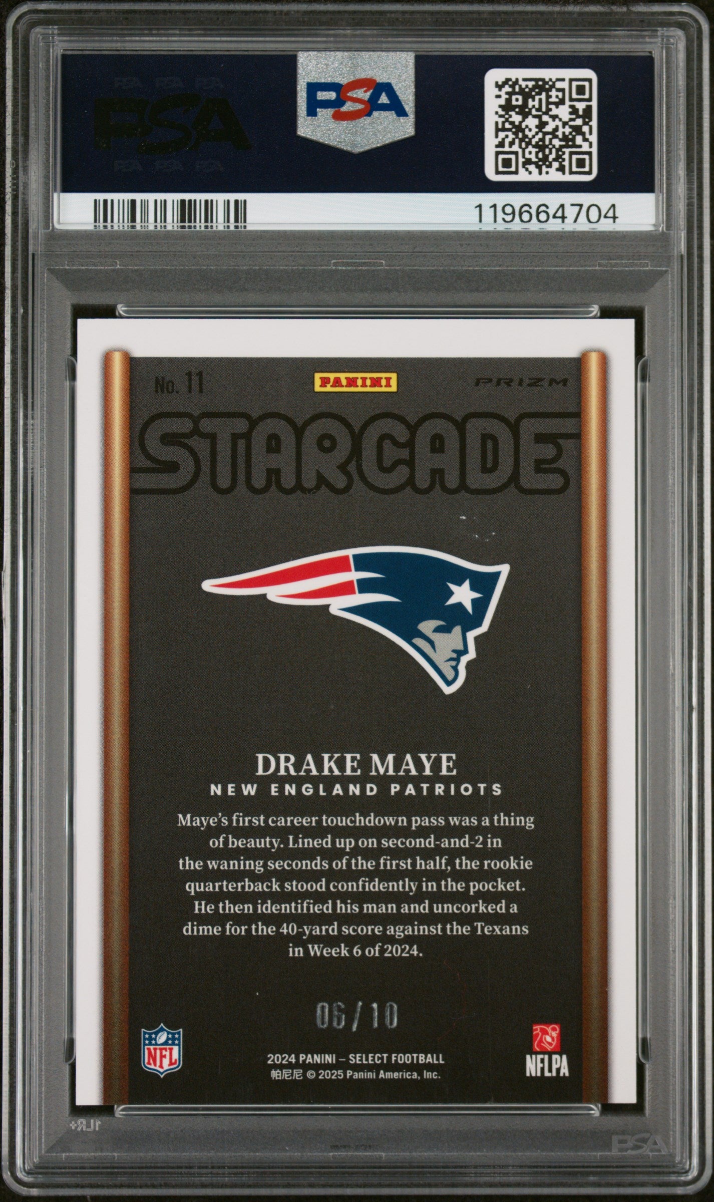 2024 Panini Select Starcade Gold Prizm Drake Maye #11 RC /10 PSA 10