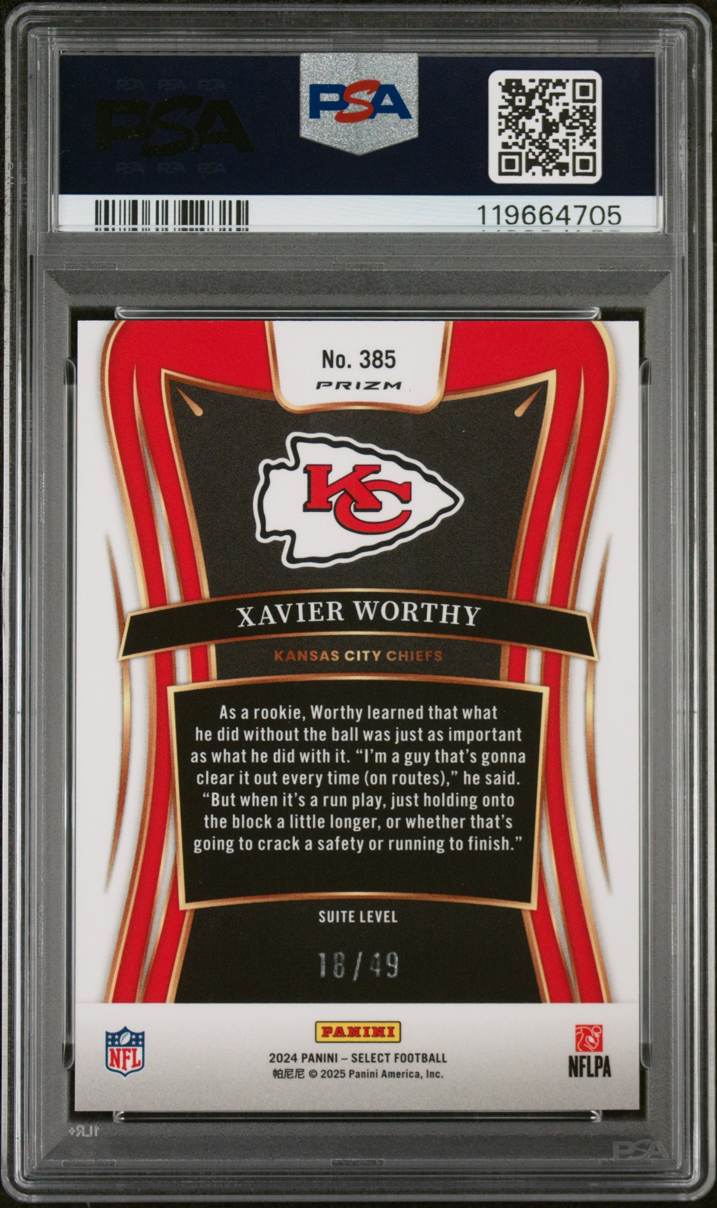 2024 Panini Select Red Prizm Xavier Worthy #385 RC Suite Level /49 PSA 10