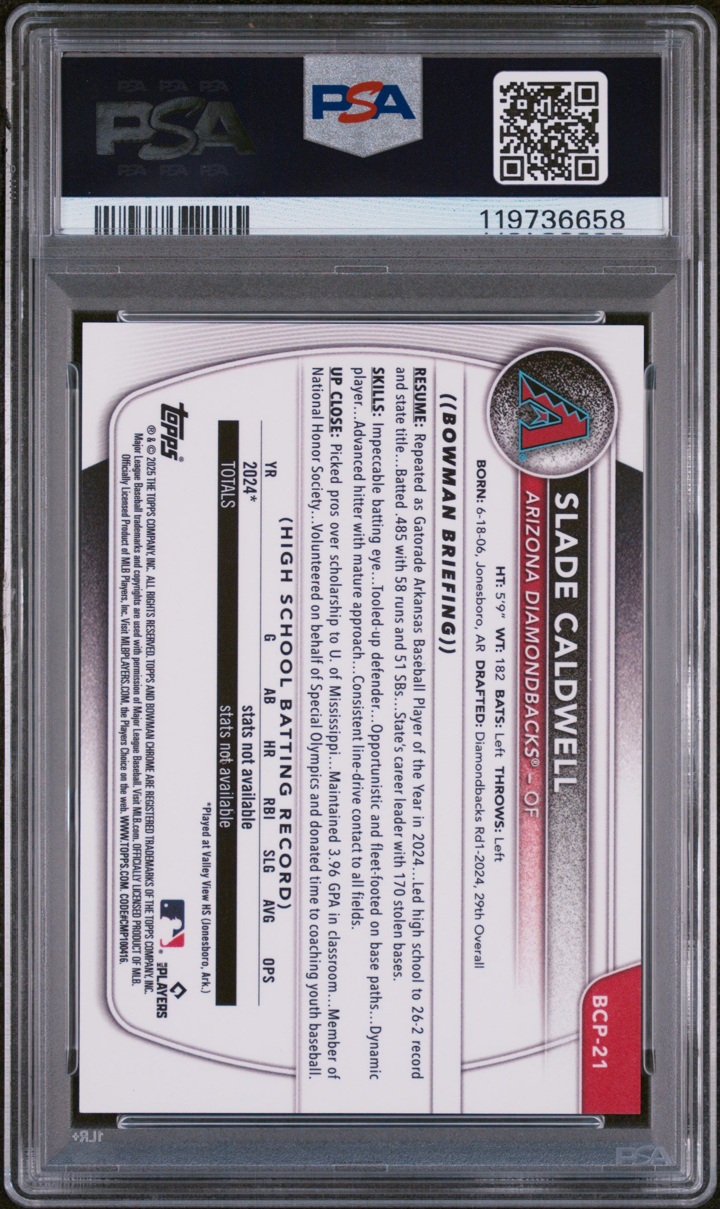 2025 Bowman Chrome #BCP21 Slade Caldwell /99 PSA 9