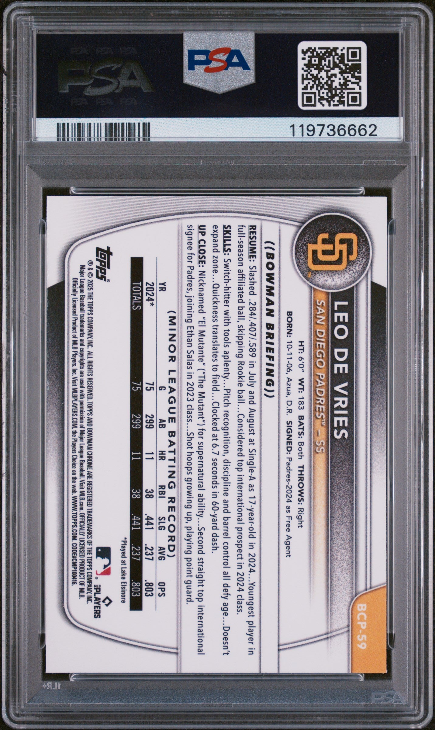 2025 Bowman Chrome Prospects Purple Geometric Leo De Vries #BCP59 /250 PSA 8