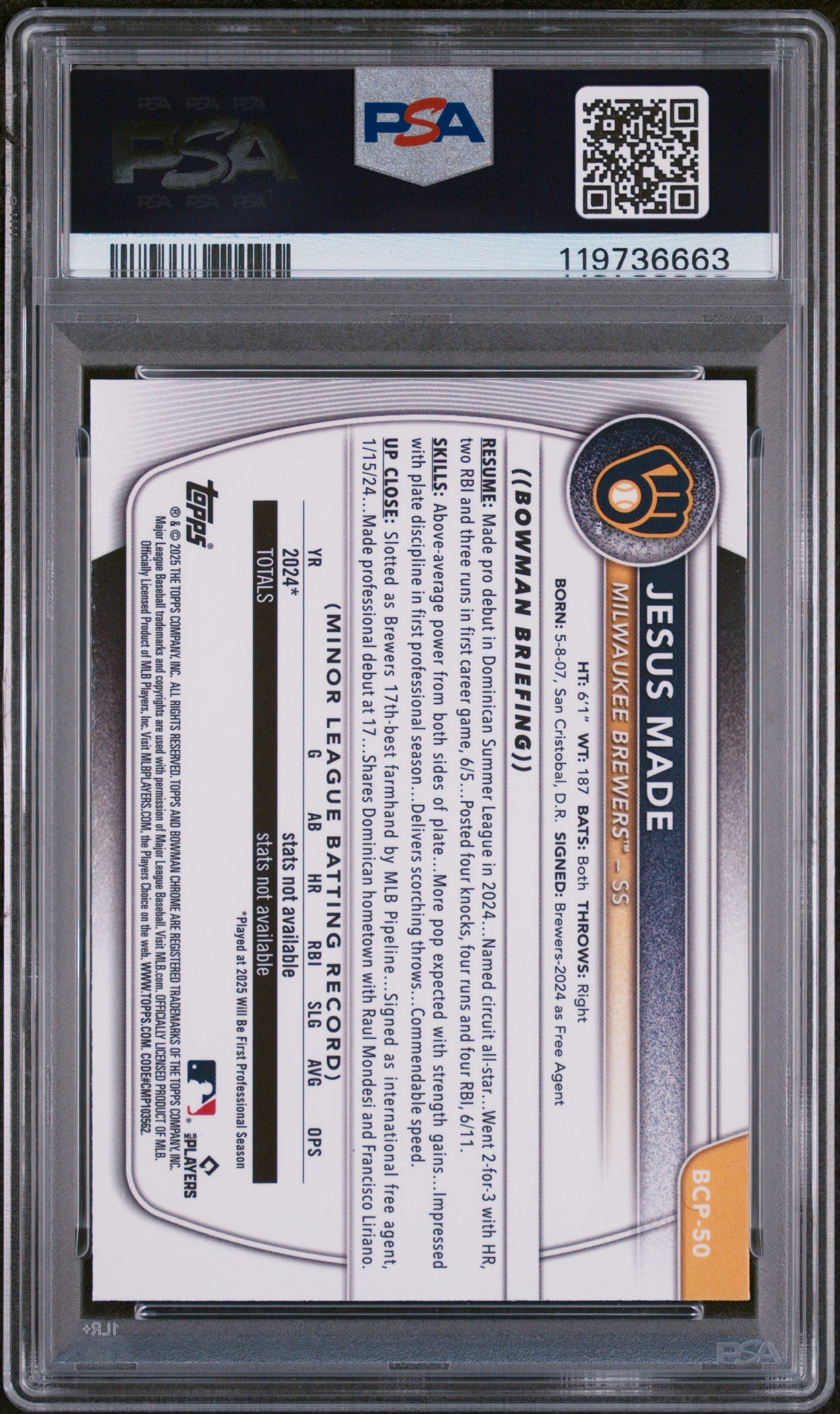 2025 Bowman Chrome #BCP-50 Jesus Made Prospects PSA 9